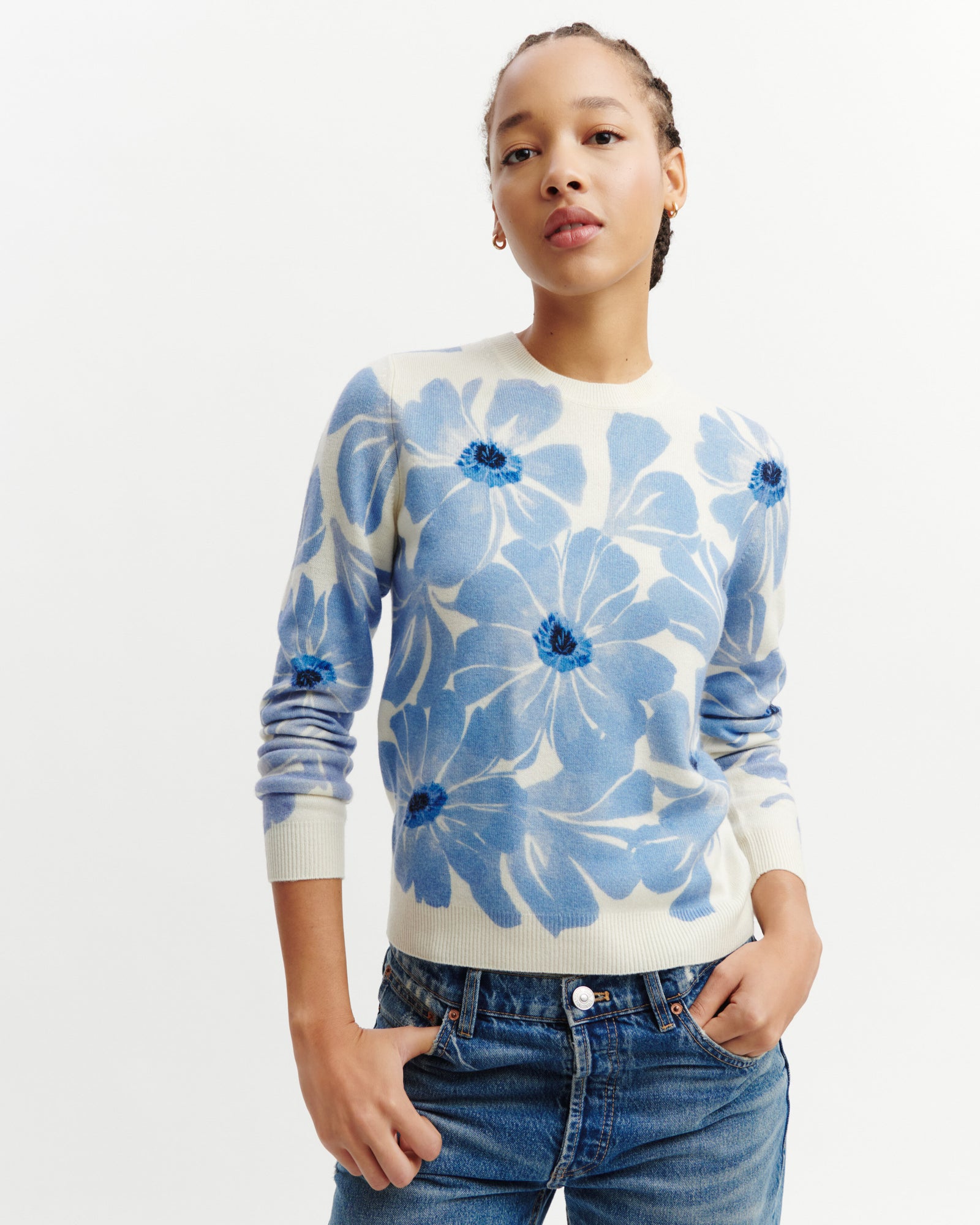 Pull col rond imprimé-NATUREL-100% cachemire