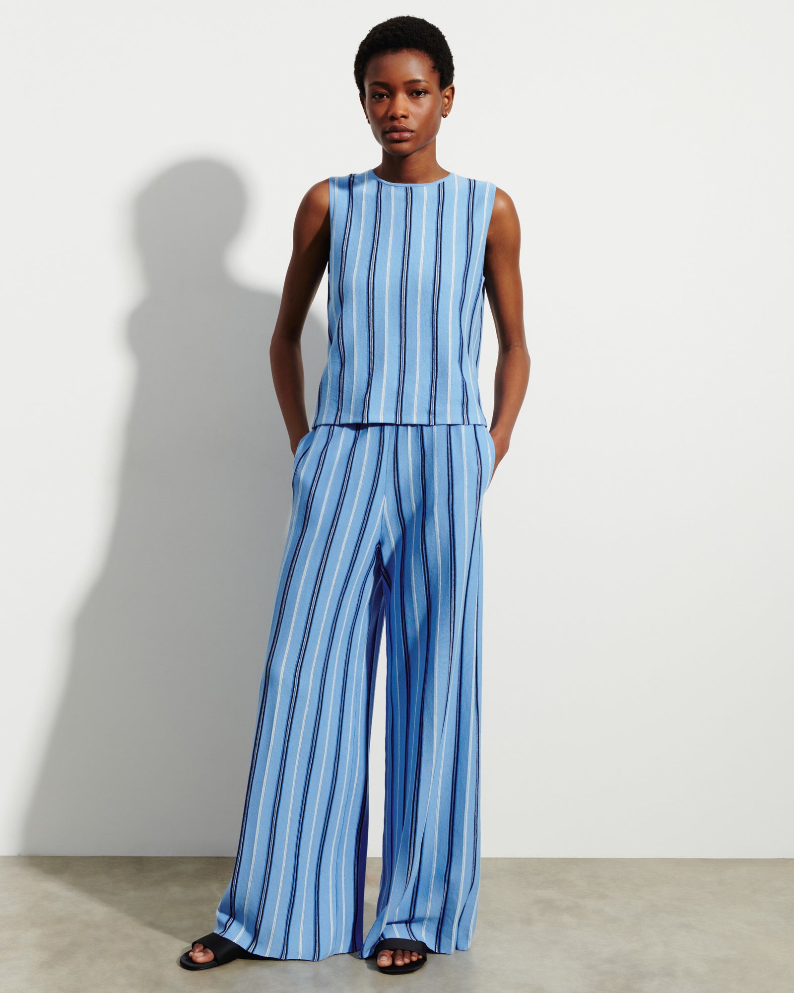 Pantalon à rayures-BLEU ALTHEA-89% coton 6% lin 5% soie