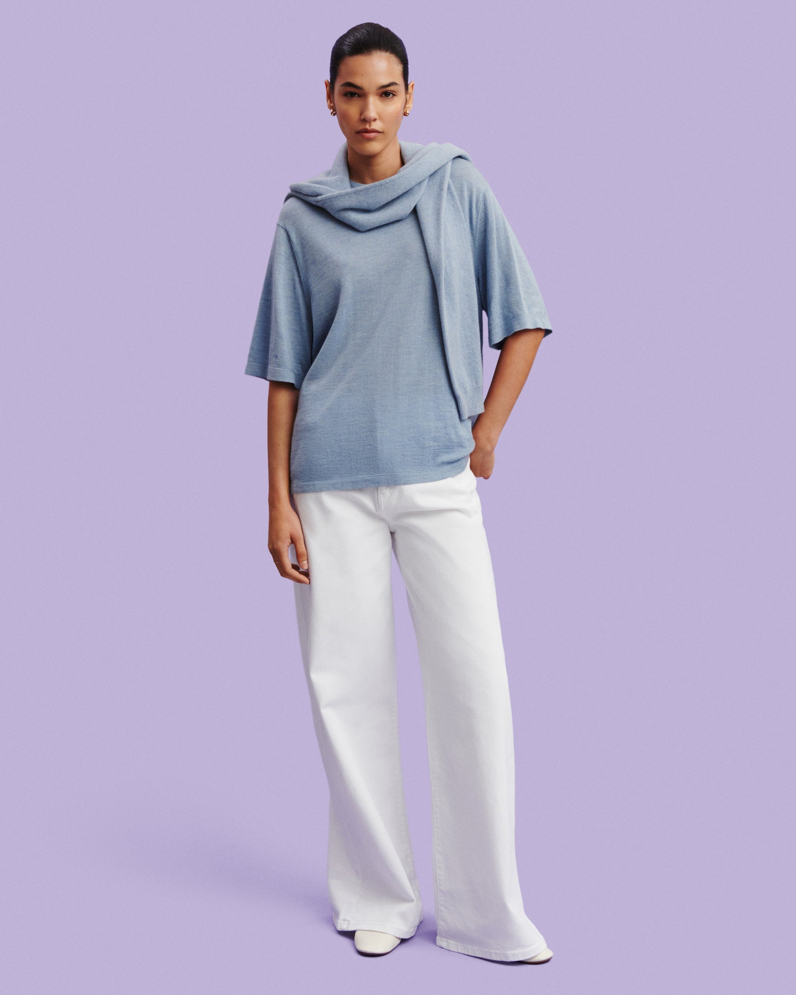 T-shirt ample-BLEU GLACIER-85% pima coton 15% cachemire