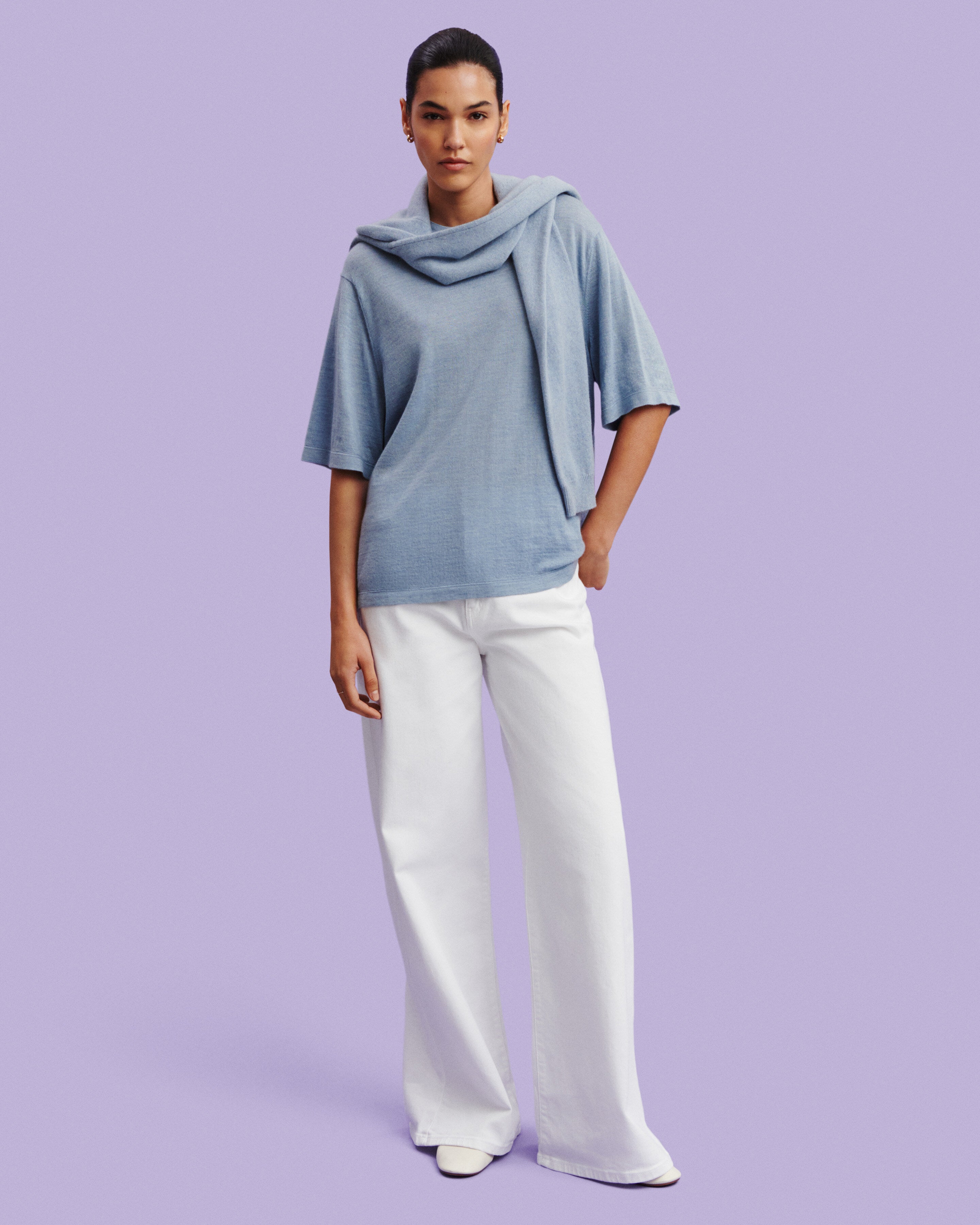 T-shirt ample-BLEU GLACIER-85% pima coton 15% cachemire