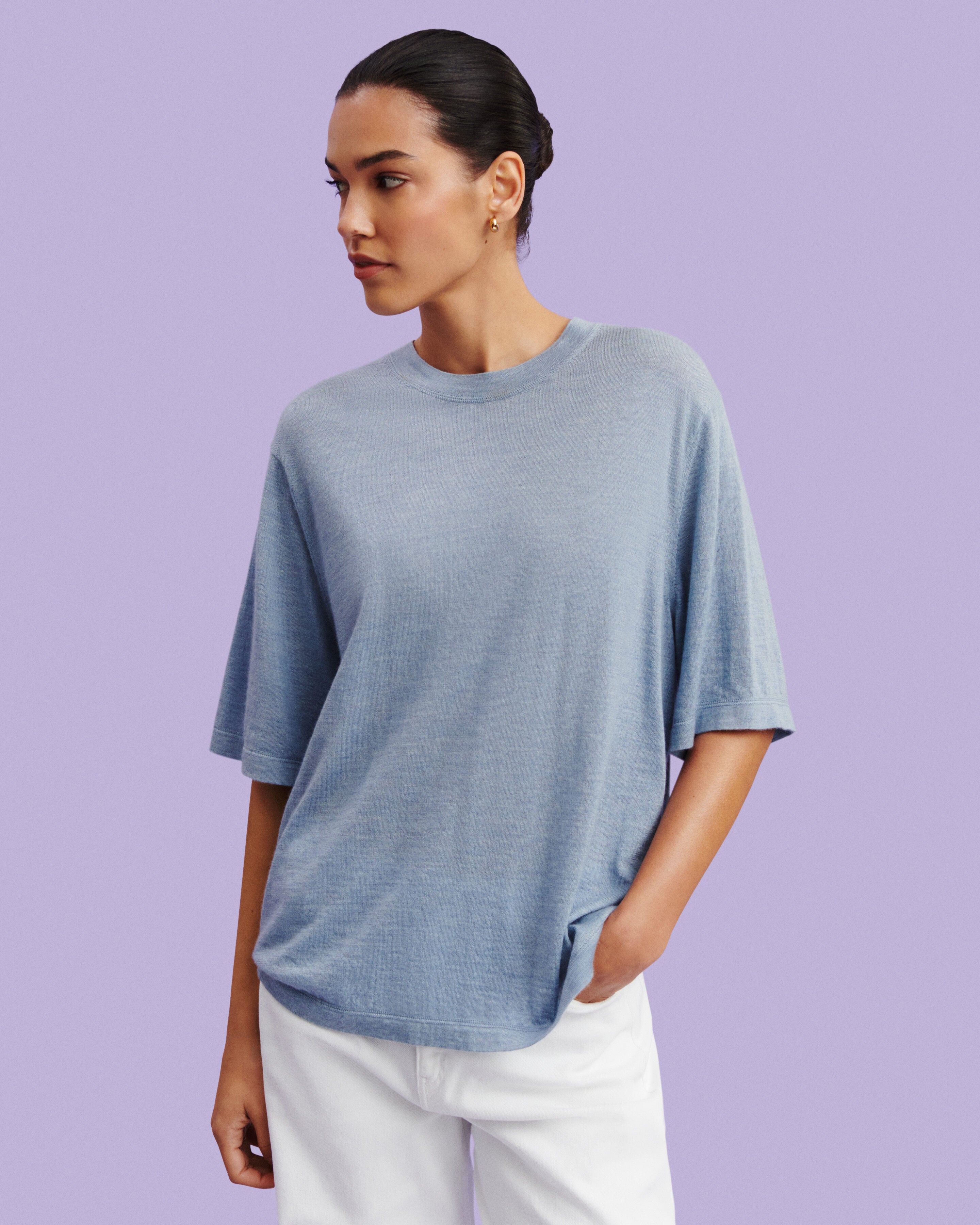 T-shirt ample-BLEU GLACIER-85% pima coton 15% cachemire