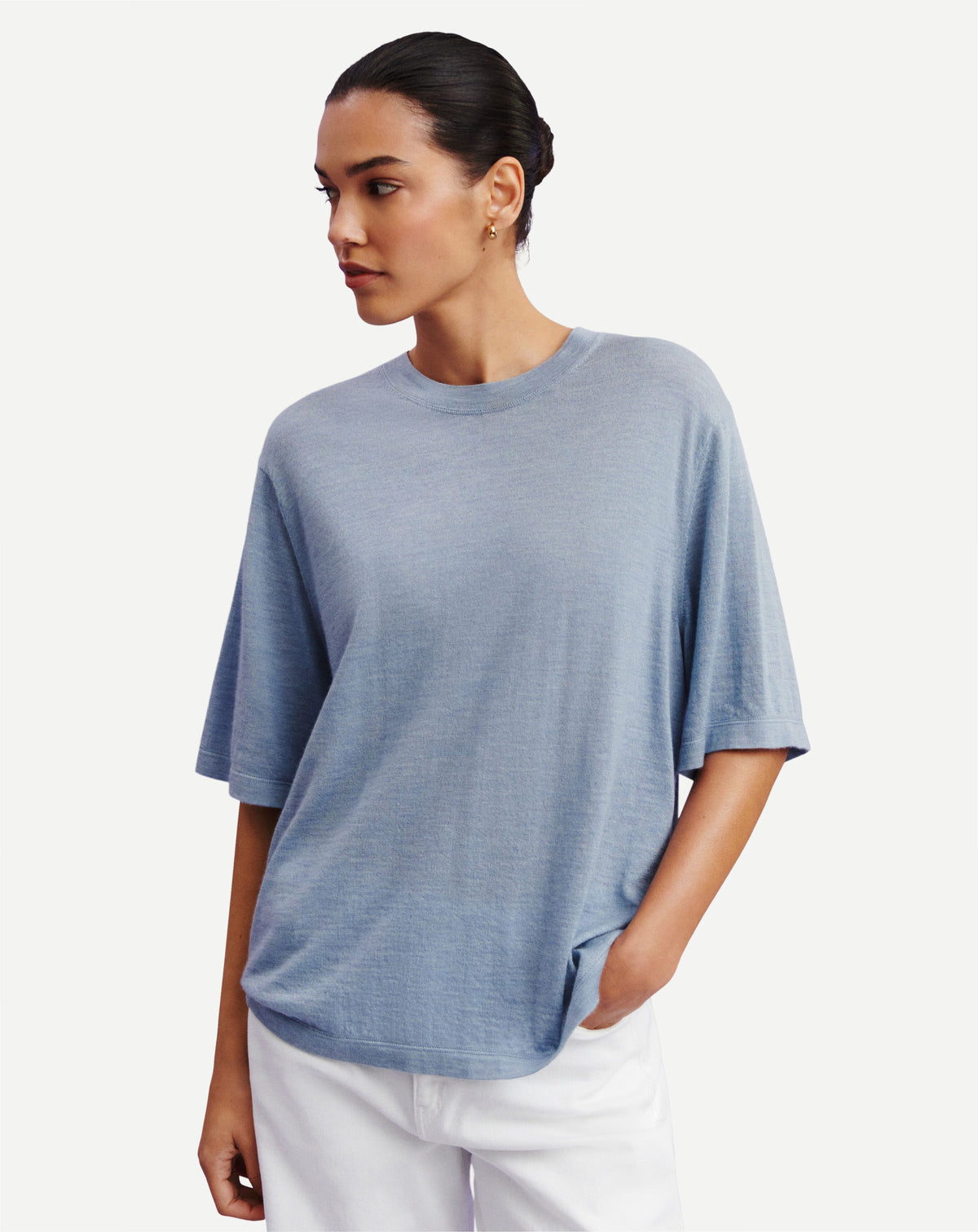 T-shirt ample-BLEU GLACIER-85% pima coton 15% cachemire