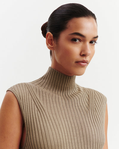 Top fluide à côtes-BEIGE CENDRE-85% soie 15% cachemire