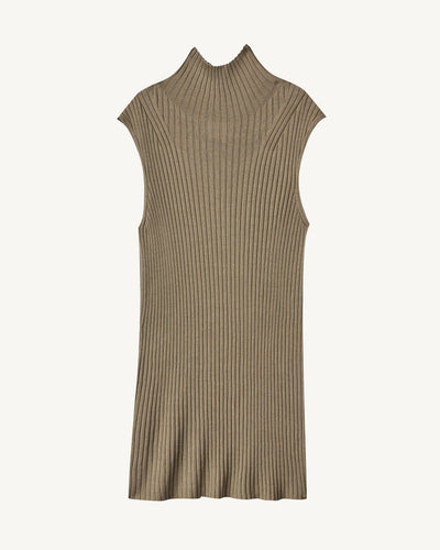 Top fluide à côtes-BEIGE CENDRE-85% soie 15% cachemire