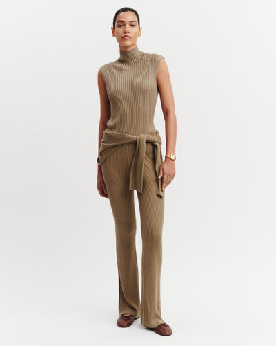 Pantalon fluide à côtes-BEIGE CENDRE-85% soie 15% cachemire