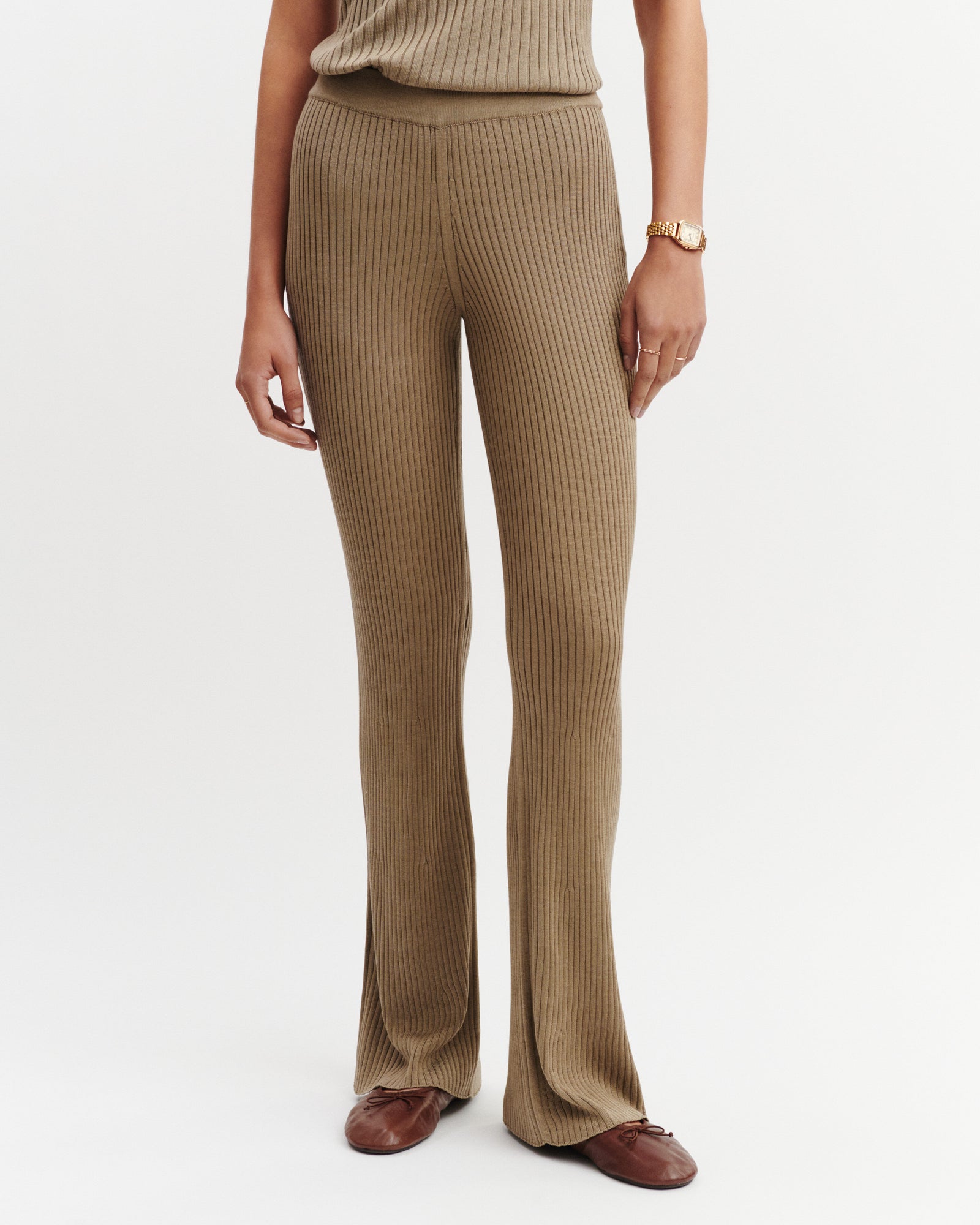 Pantalon fluide à côtes-BEIGE CENDRE-85% soie 15% cachemire
