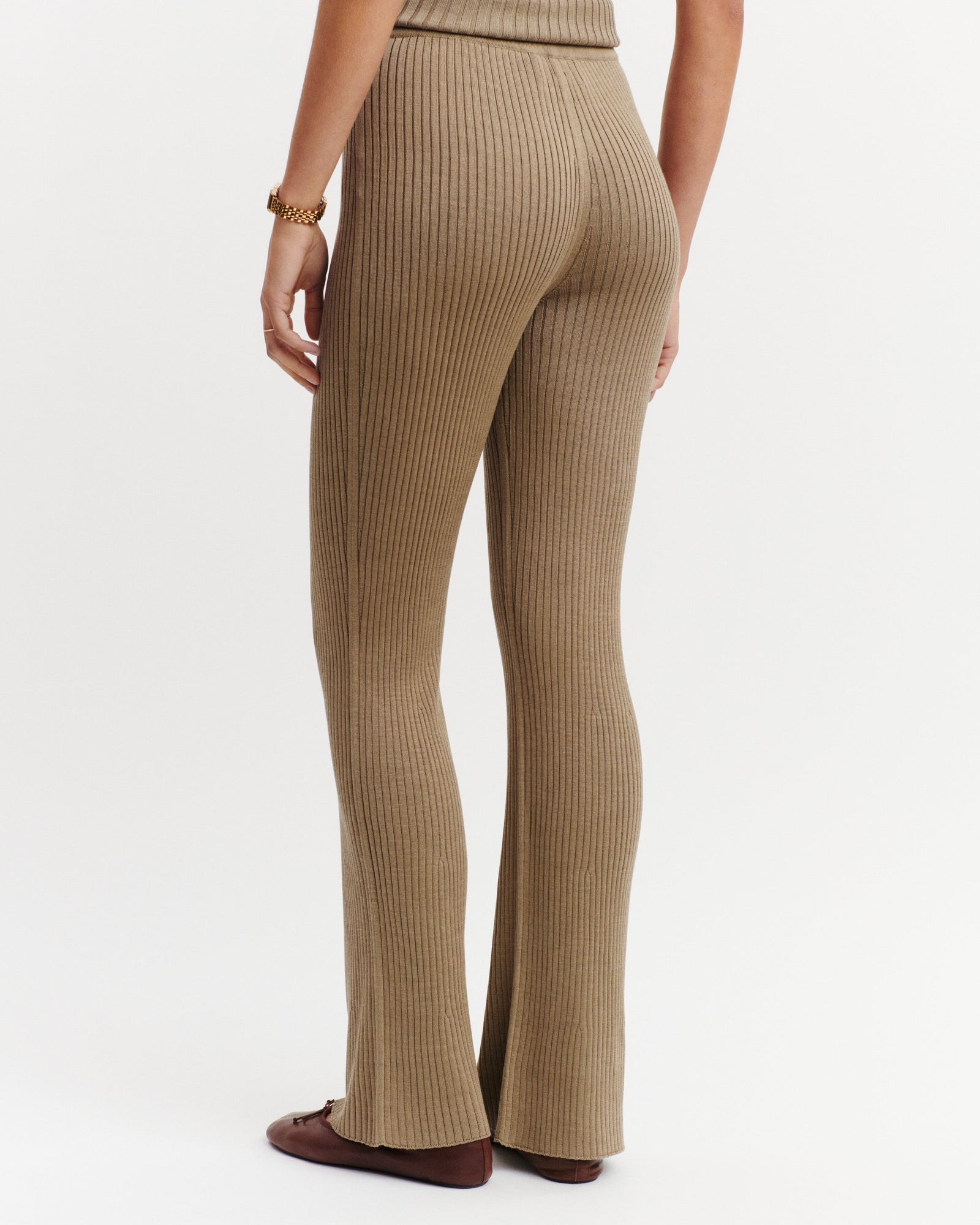 Pantalon fluide à côtes-BEIGE CENDRE-85% soie 15% cachemire