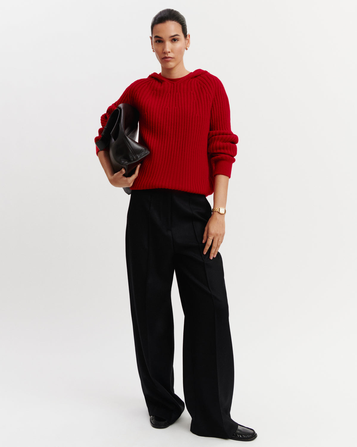 Pull à capuche à côtes-ROUGE QUARANTE-100% cachemire