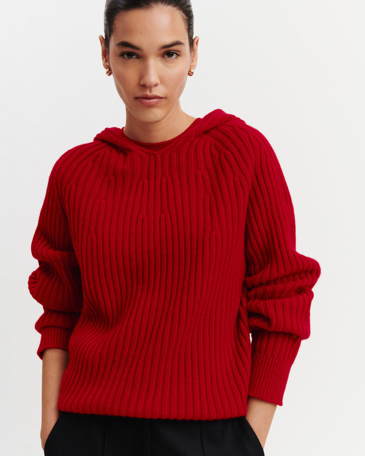 Pull à capuche à côtes-ROUGE QUARANTE-100% cachemire