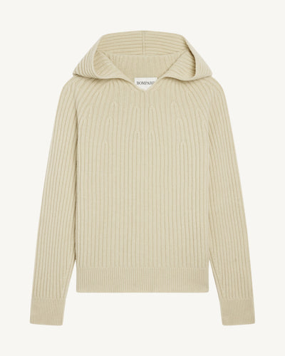 Pull à capuche à côtes-ECRU VINTAGE-100% cachemire