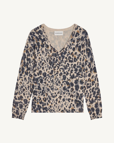 Pull col V léopard-AVOINE-70% cachemire 30% soie