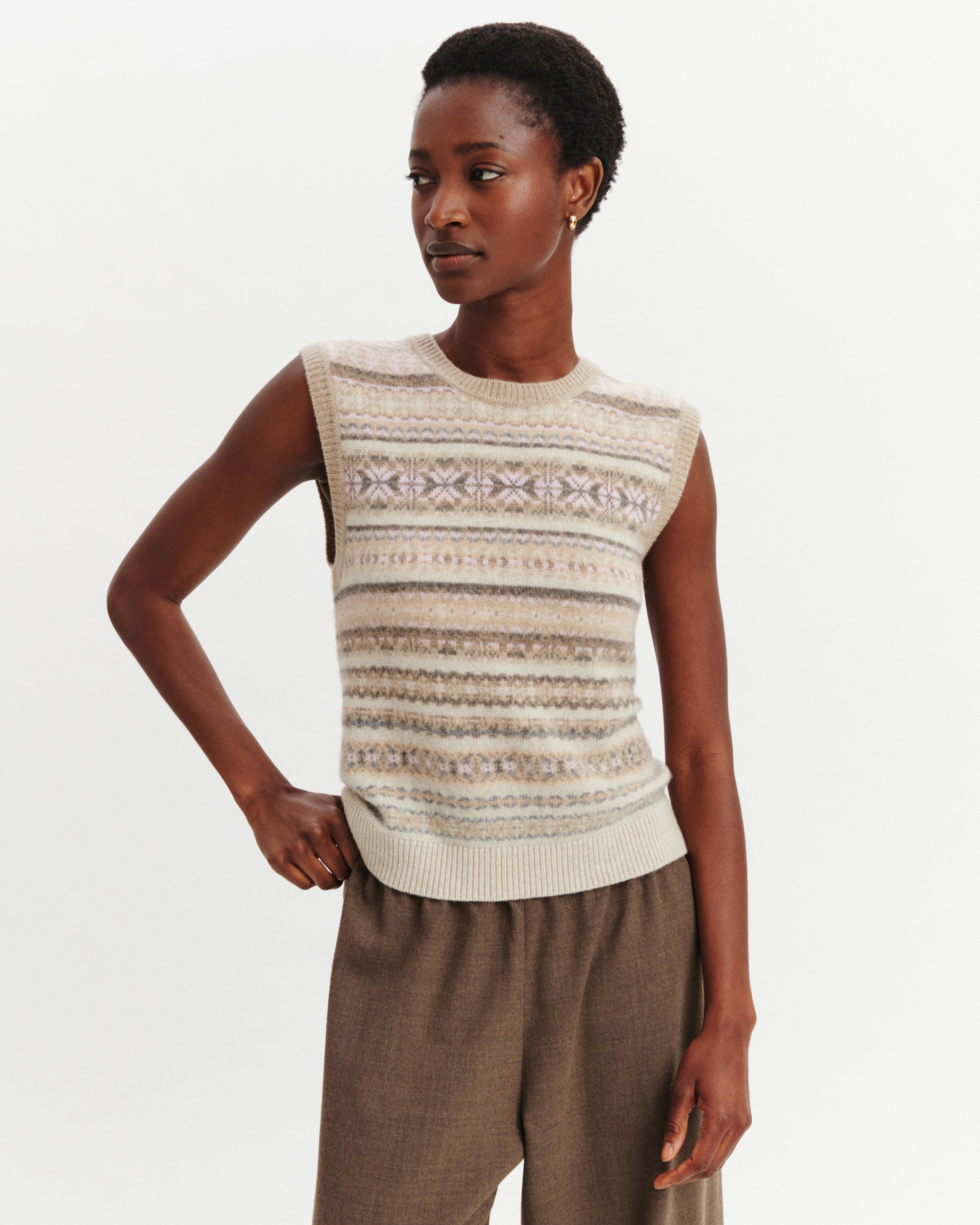 Pull sans manches fairisle-ROSE QUARTZ/AVOINE-100% cachemire