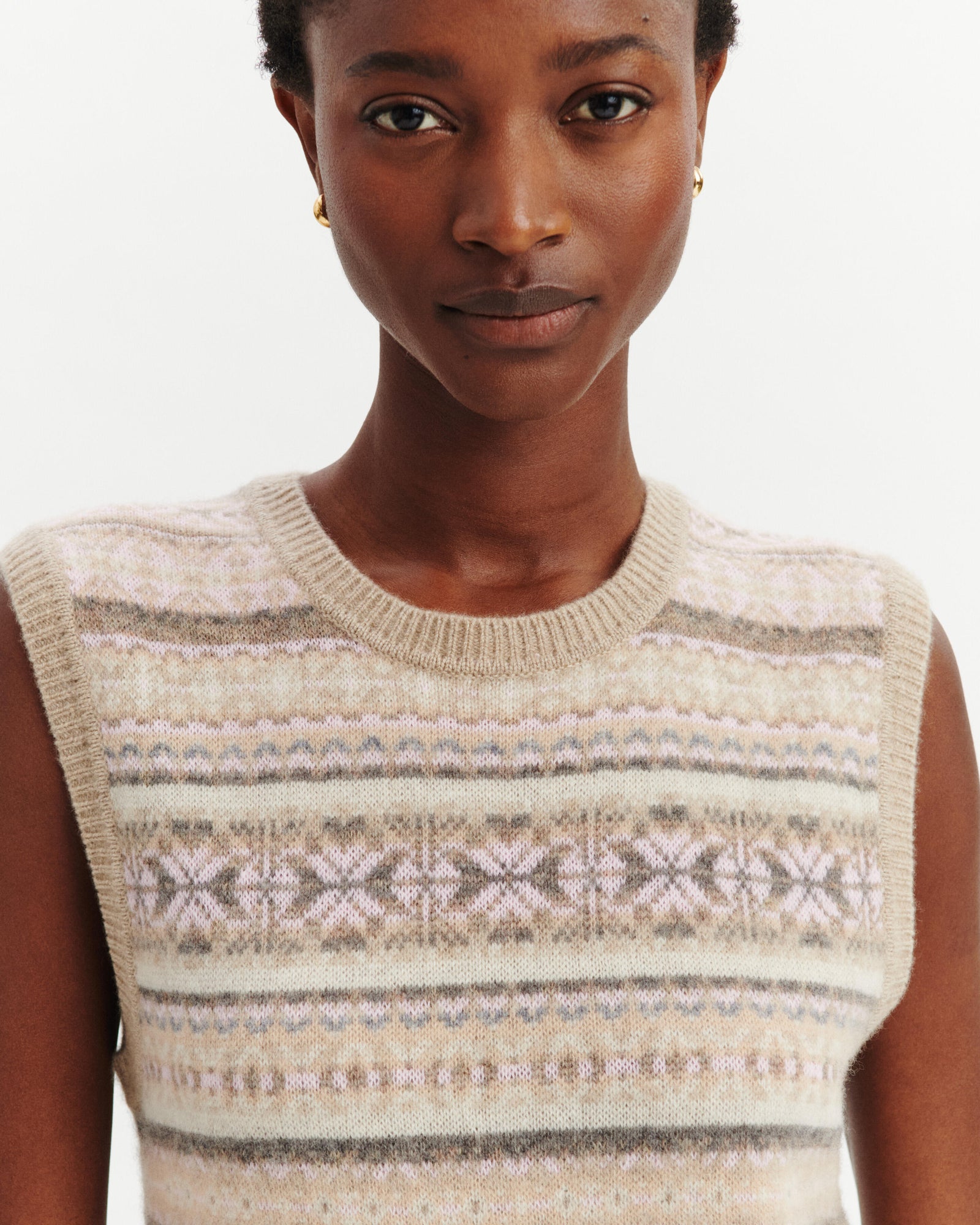 Pull sans manches fairisle-ROSE QUARTZ/AVOINE-100% cachemire