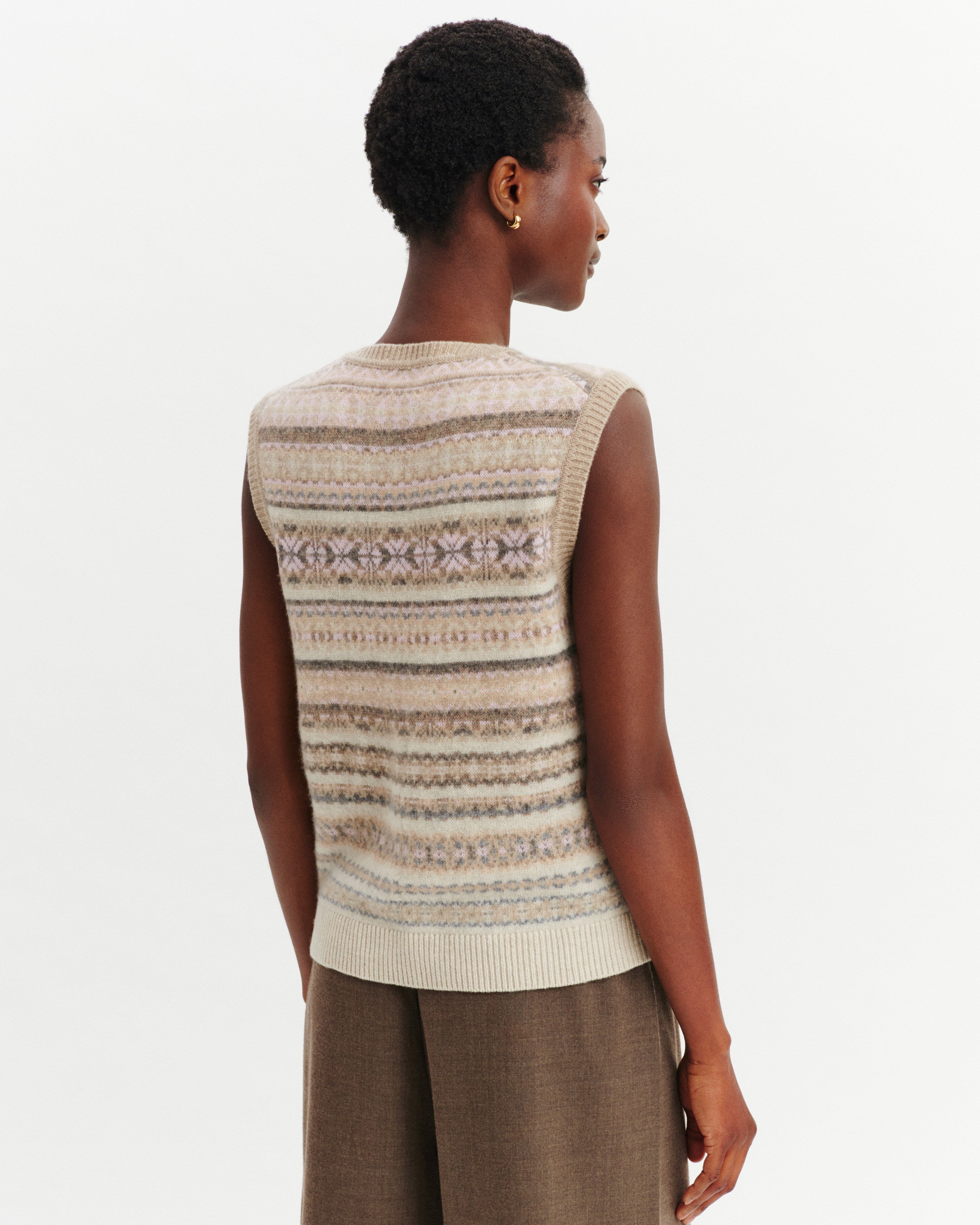 Pull sans manches fairisle-ROSE QUARTZ/AVOINE-100% cachemire