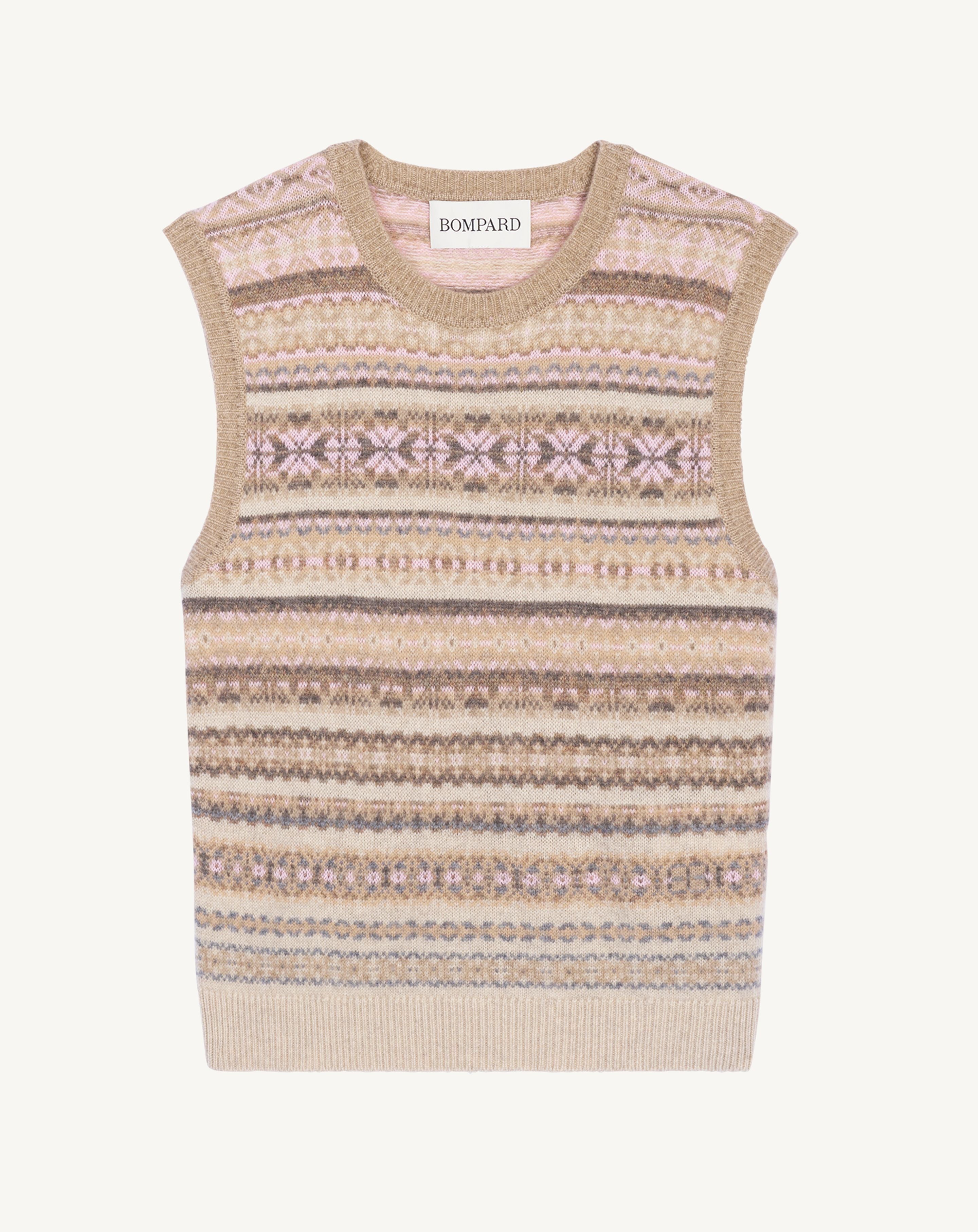 Pull sans manches fairisle-ROSE QUARTZ/AVOINE-100% cachemire