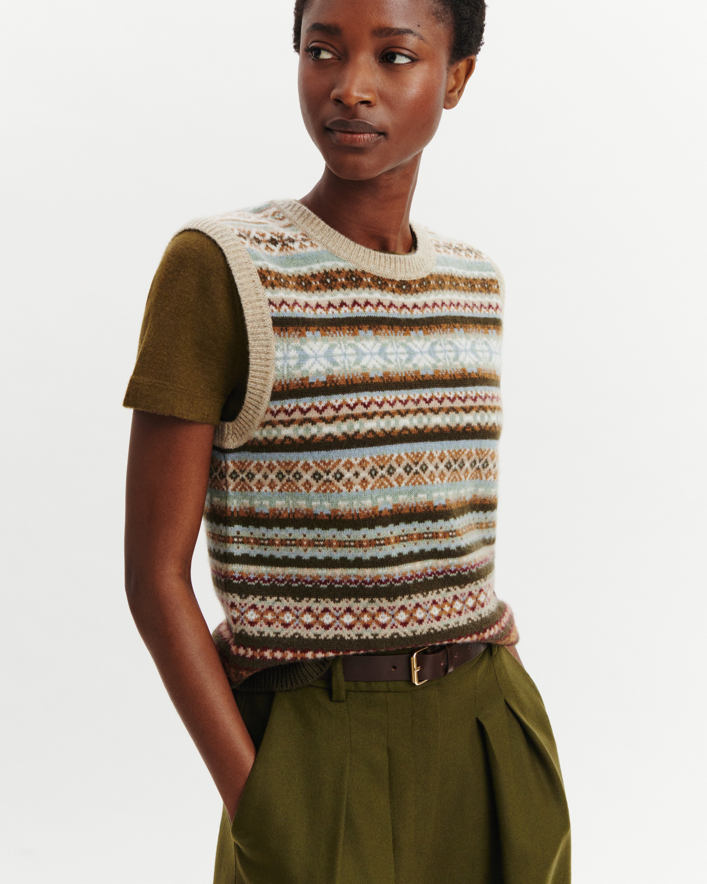 Pull sans manches fairisle-NOISETTE/KAKI KOMBU-100% cachemire