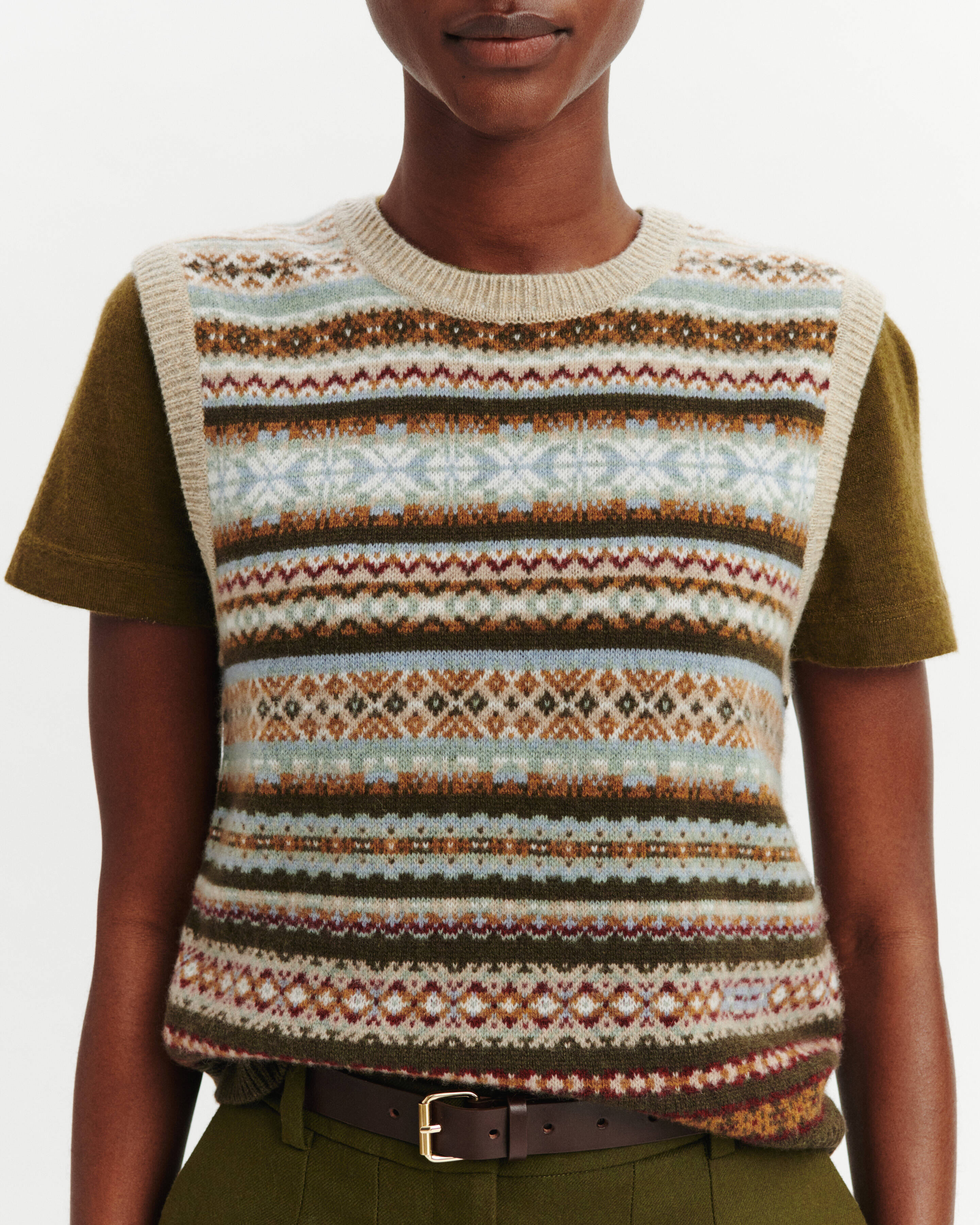 Pull sans manches fairisle-NOISETTE/KAKI KOMBU-100% cachemire