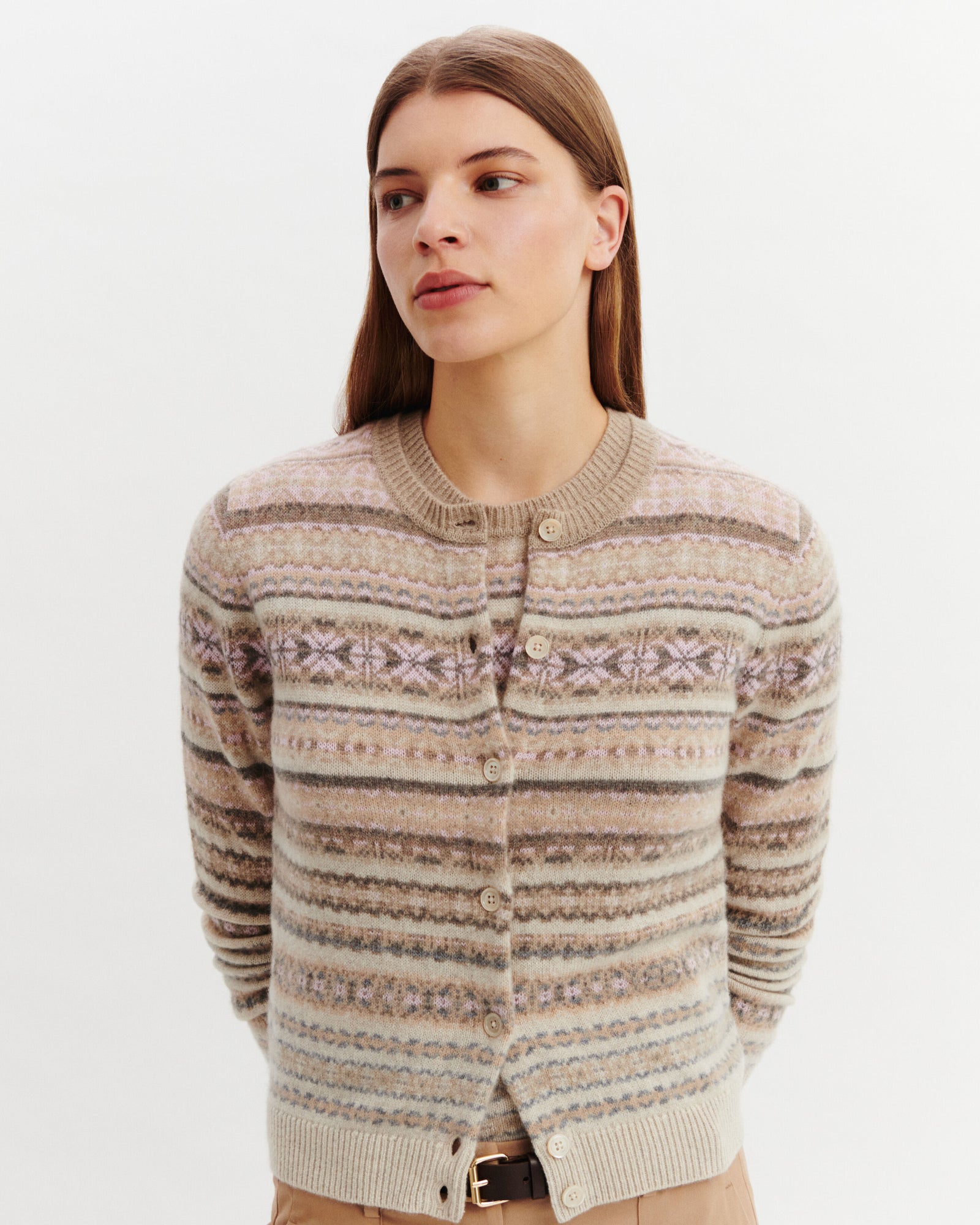 Cardigan fairisle-ROSE QUARTZ/AVOINE-100% cachemire