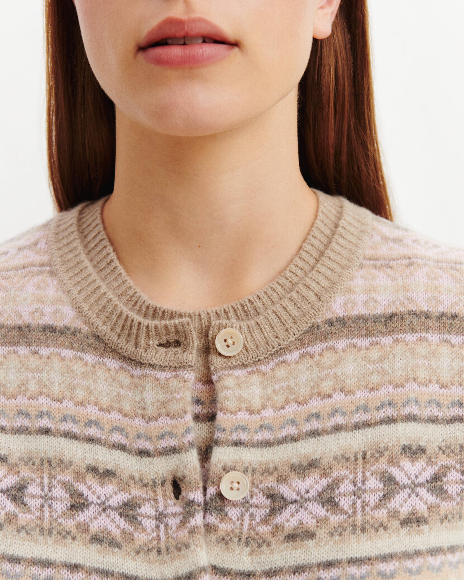 Cardigan fairisle-ROSE QUARTZ/AVOINE-100% cachemire