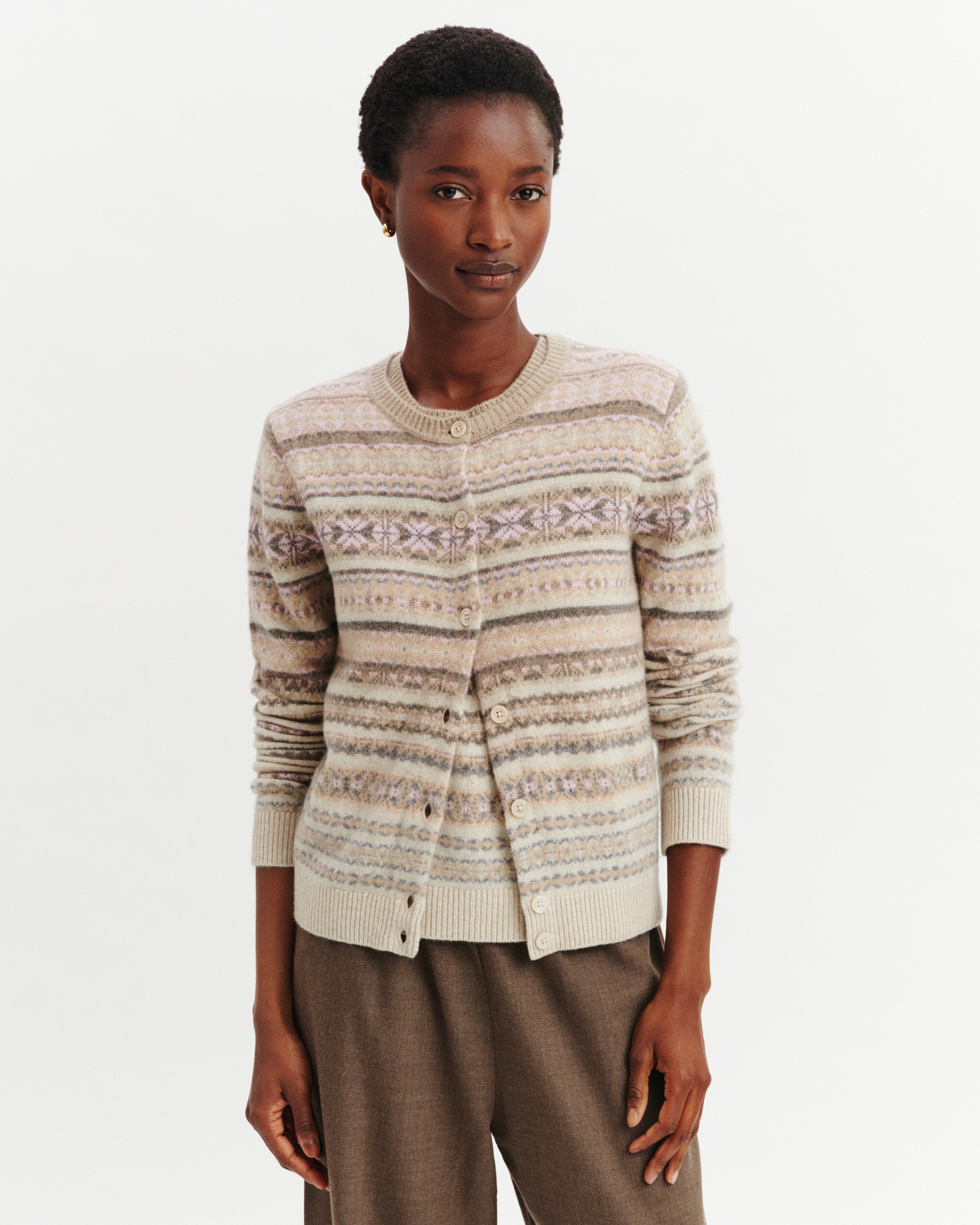 Cardigan fairisle-ROSE QUARTZ/AVOINE-100% cachemire