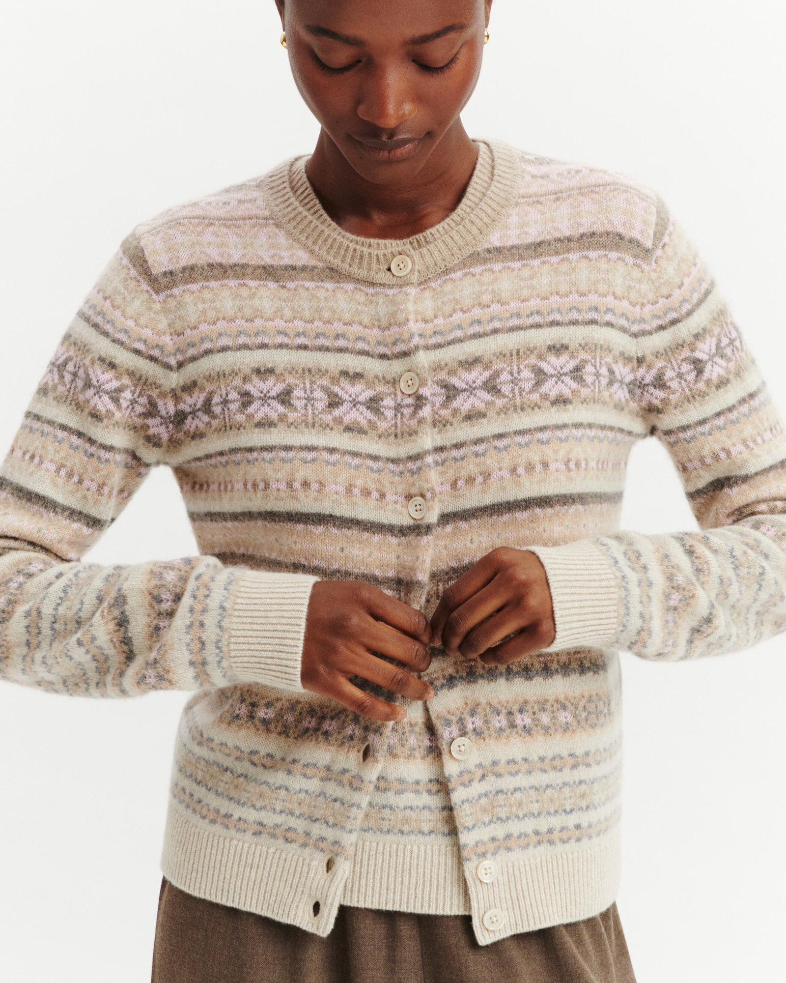 Cardigan fairisle-ROSE QUARTZ/AVOINE-100% cachemire