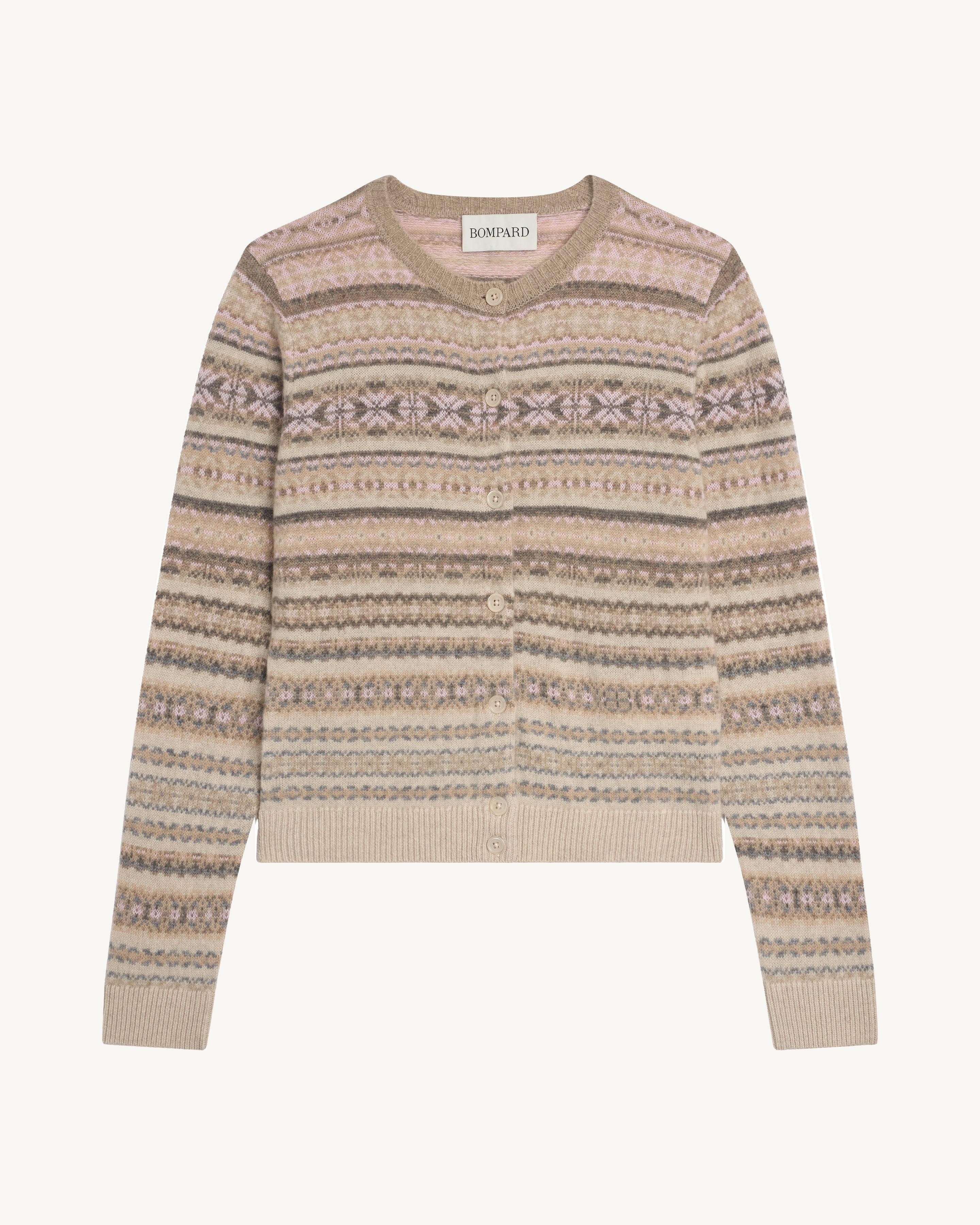 Cardigan fairisle-ROSE QUARTZ/AVOINE-100% cachemire