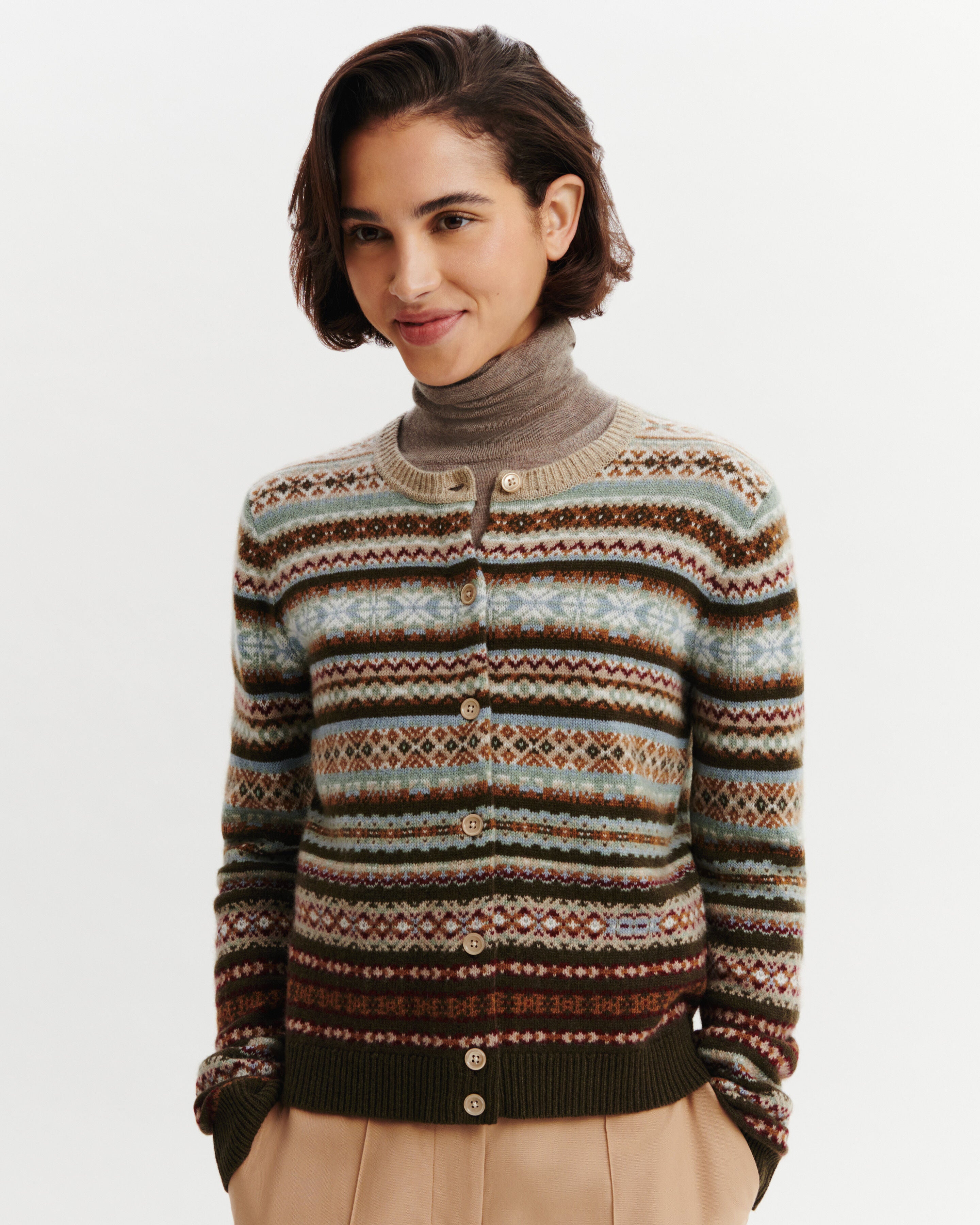 Cardigan fairisle-NOISETTE/KAKI KOMBU-100% cachemire