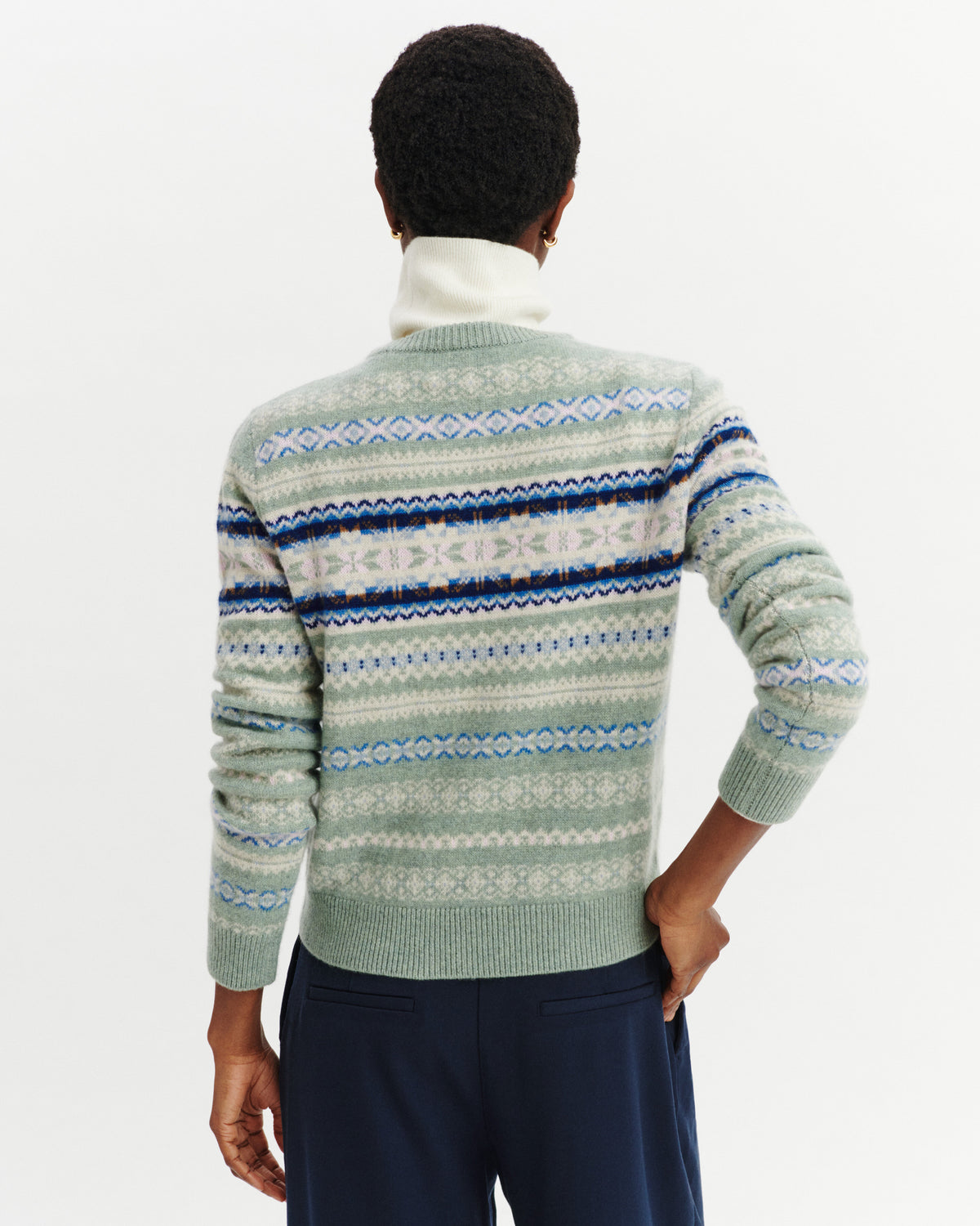 Pull col rond fairisle-VERT DE GRIS/BLEU DE DELFT-100% cachemire