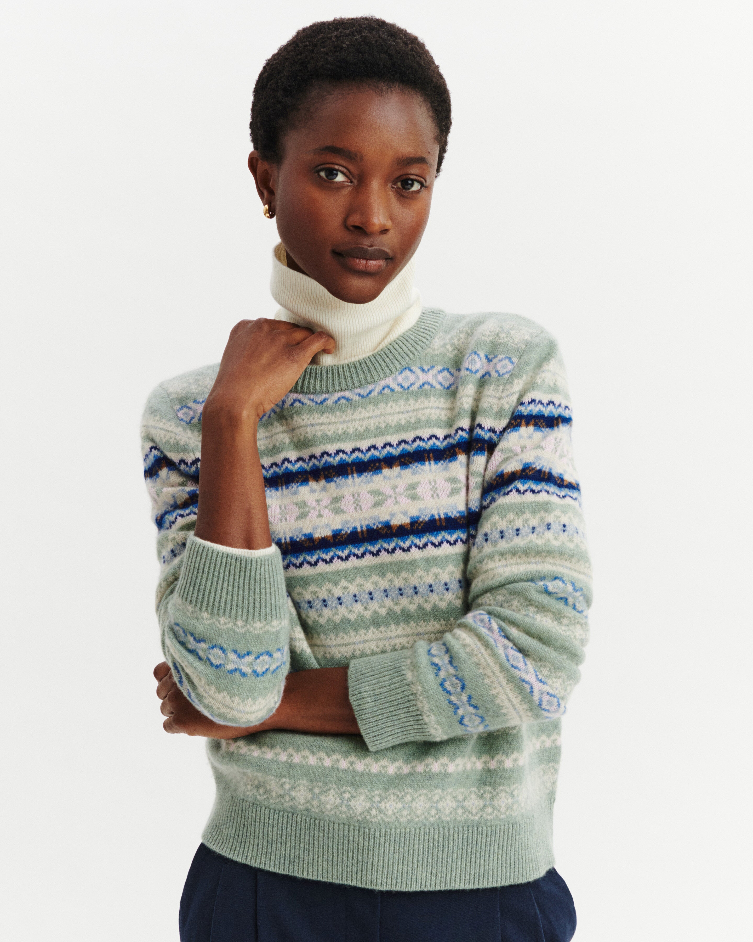 Pull col rond fairisle-VERT DE GRIS/BLEU DE DELFT-100% cachemire