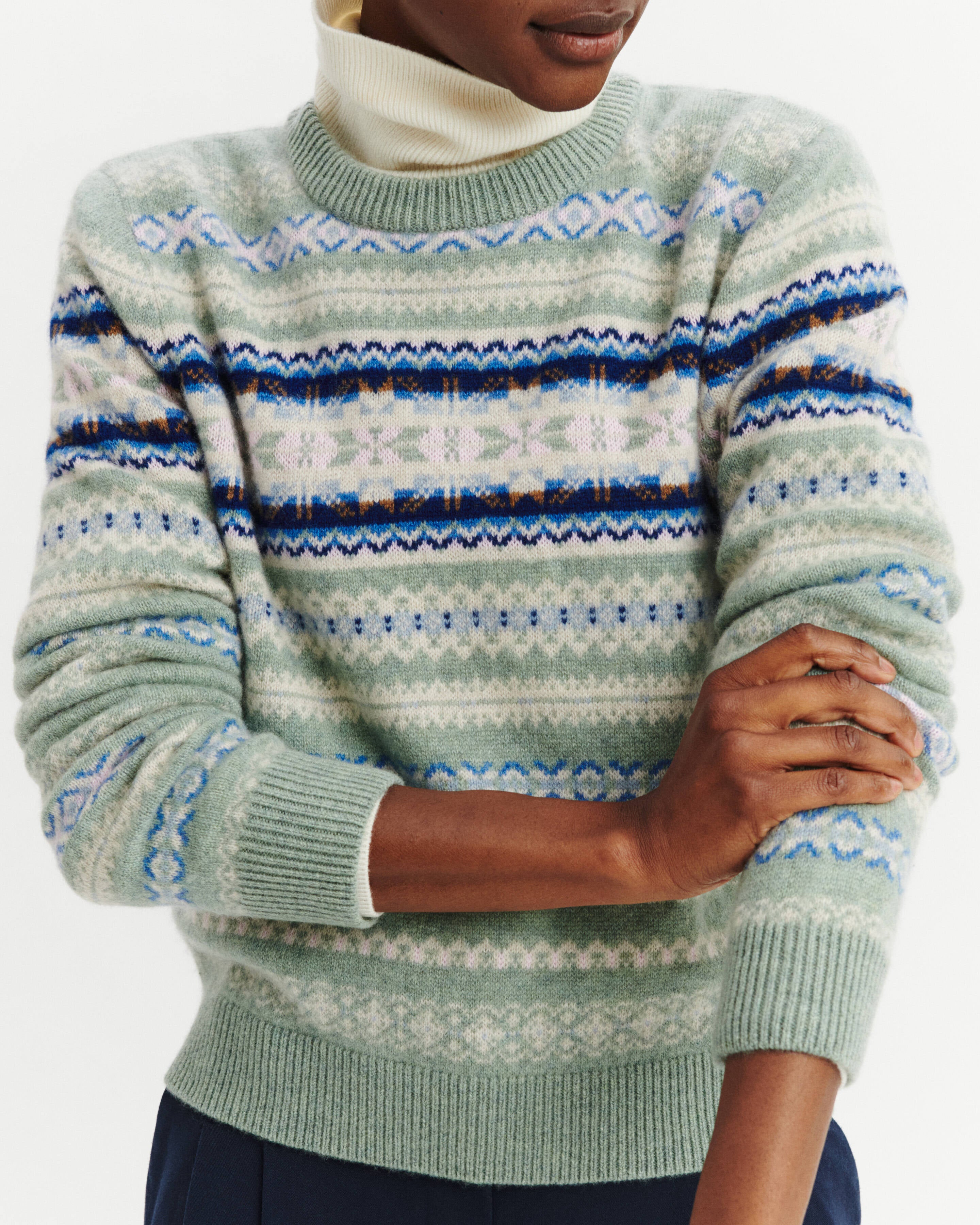 Pull col rond fairisle-VERT DE GRIS/BLEU DE DELFT-100% cachemire