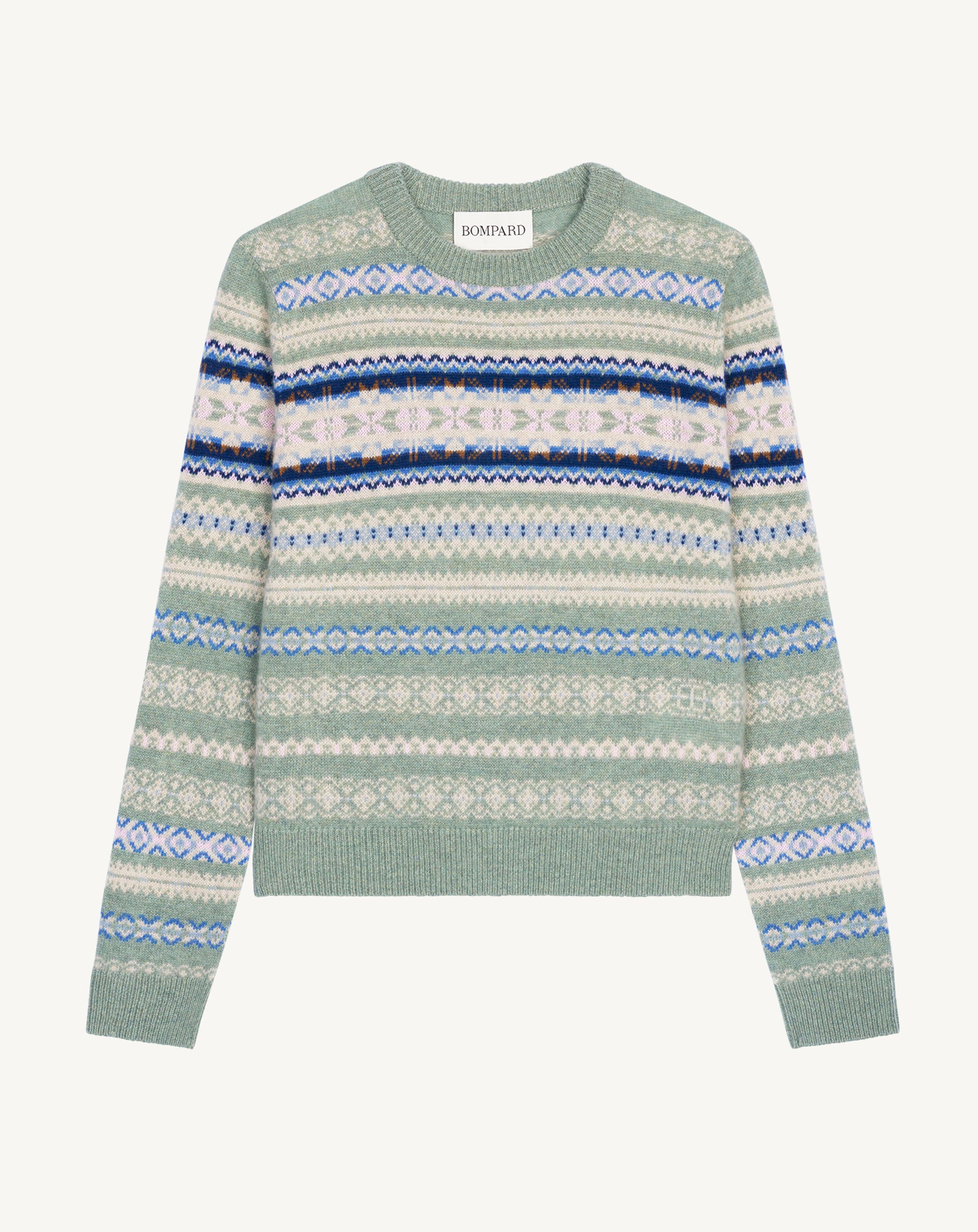 Pull col rond fairisle-VERT DE GRIS/BLEU DE DELFT-100% cachemire