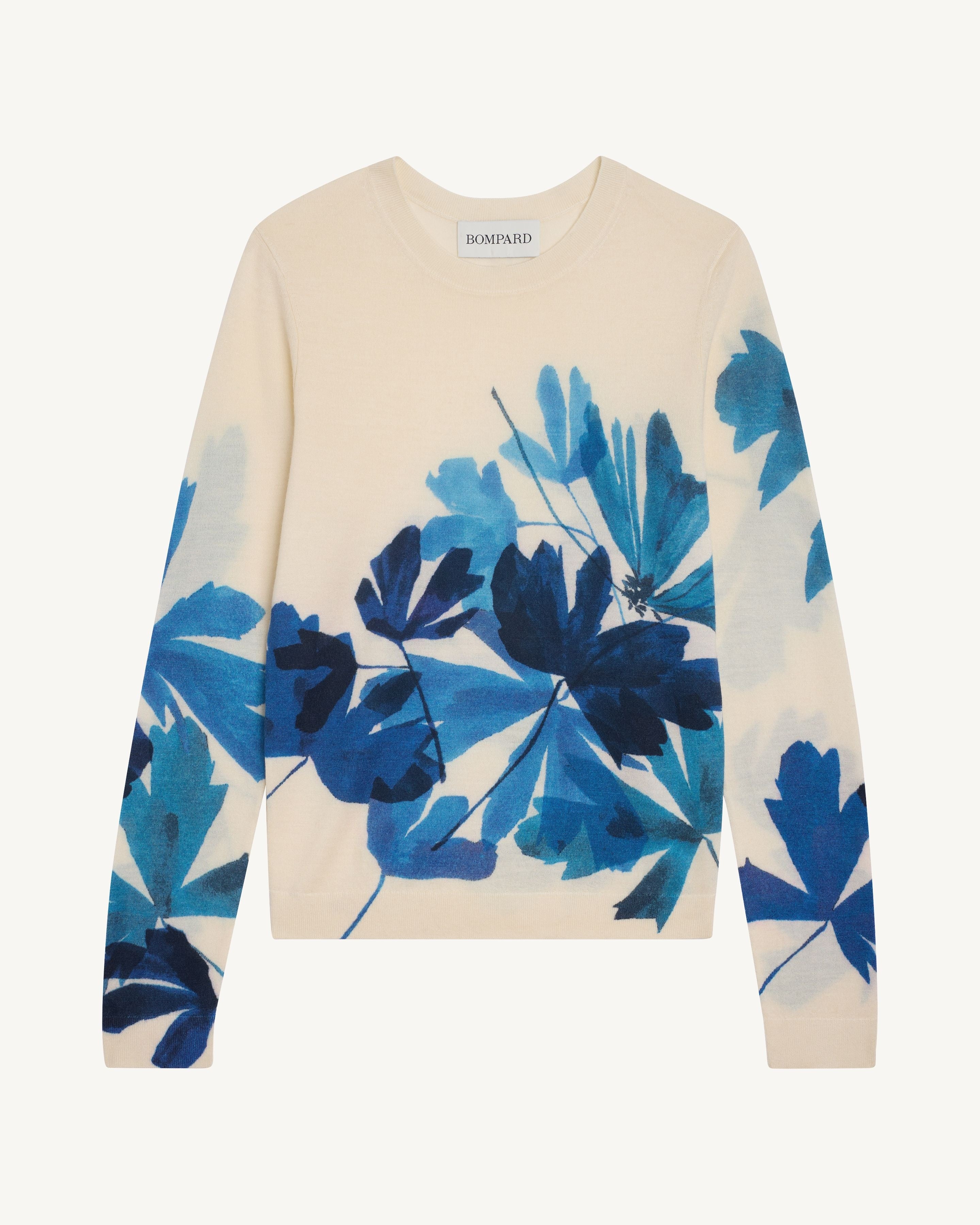 Col rond ultrafin imprimé-NATUREL/BLEU DE DELFT-70% cachemire 30% soie