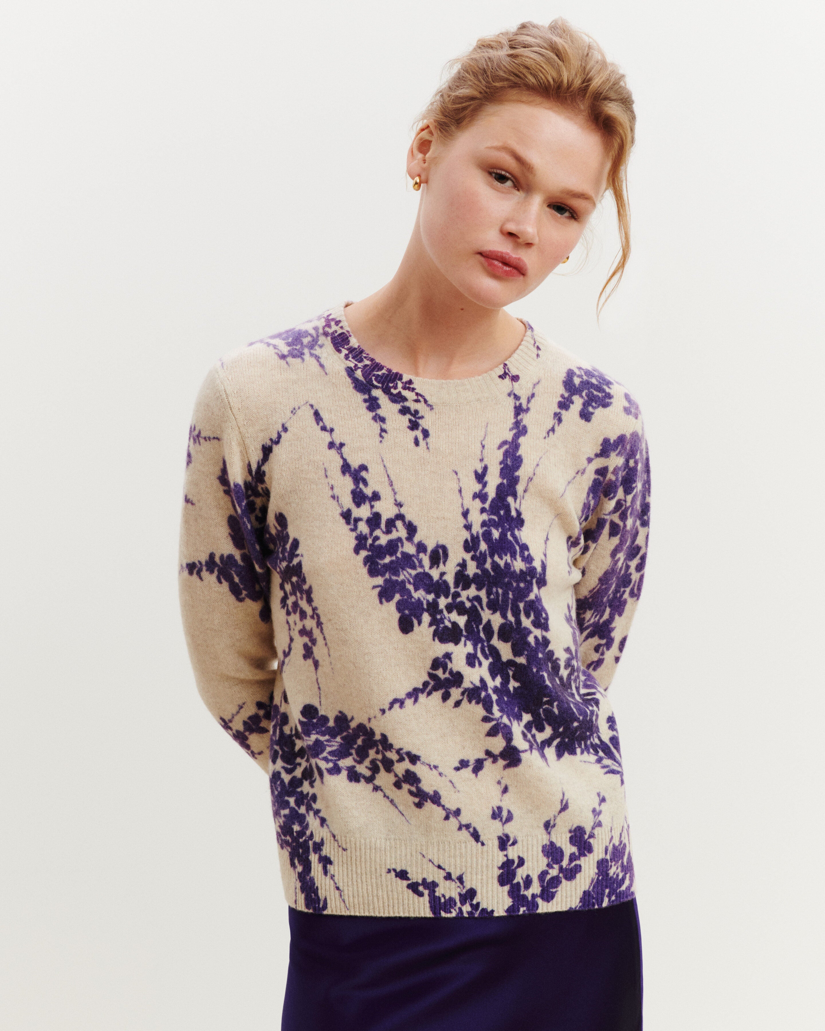 Pull col rond imprimé-AVOINE/ULTRAVIOLET-100% cachemire