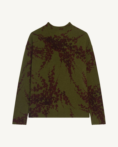 Pull col montant imprimé-OLIVE/GRENAT-100% cachemire