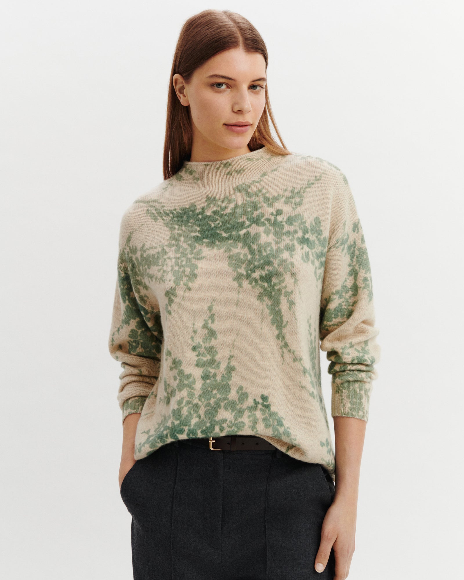 Pull col montant imprimé-AVOINE/VERT DE GRIS-100% cachemire