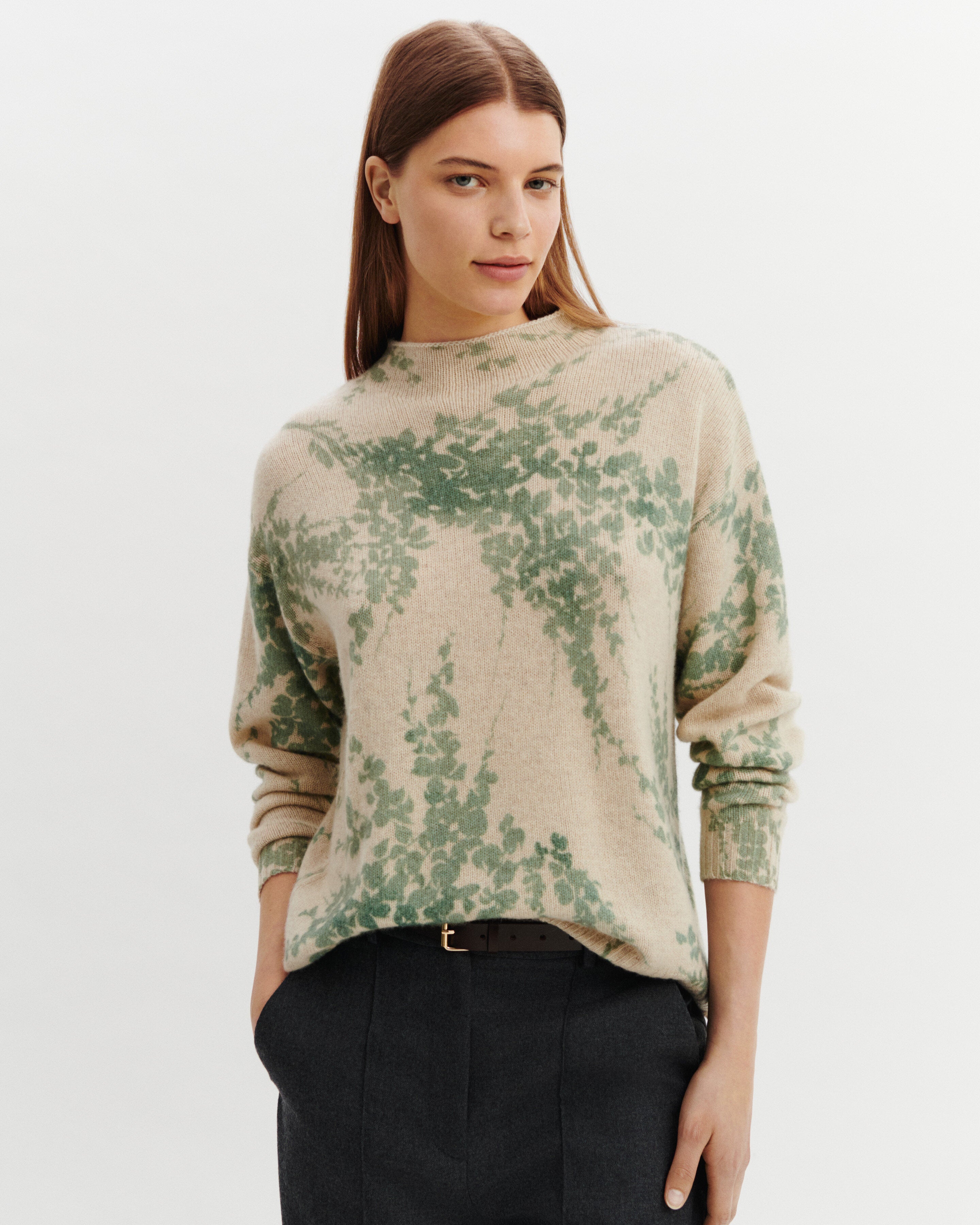 Pull col montant imprimé-AVOINE/VERT DE GRIS-100% cachemire
