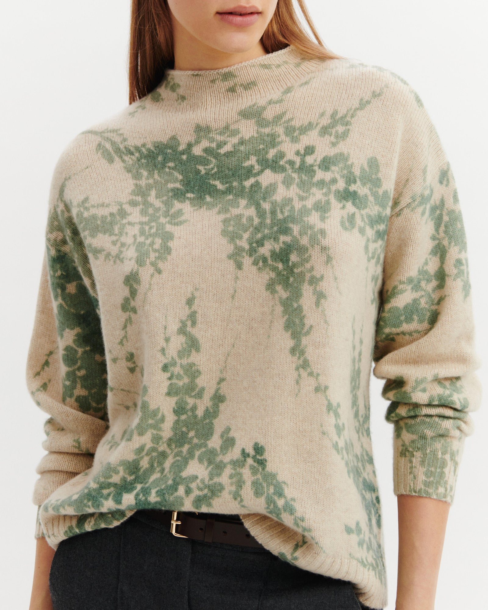 Pull col montant imprimé-AVOINE/VERT DE GRIS-100% cachemire