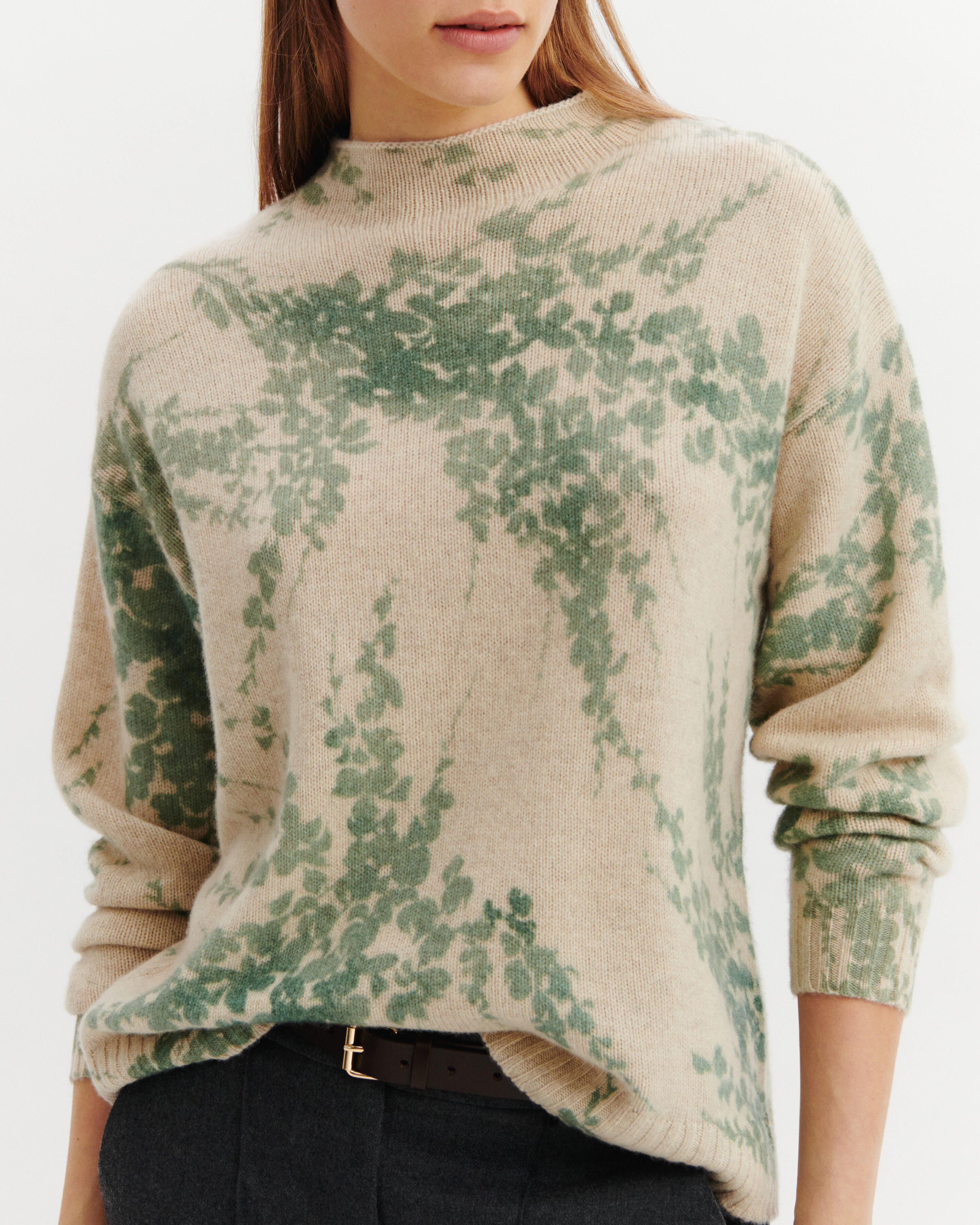Pull col montant imprimé-AVOINE/VERT DE GRIS-100% cachemire
