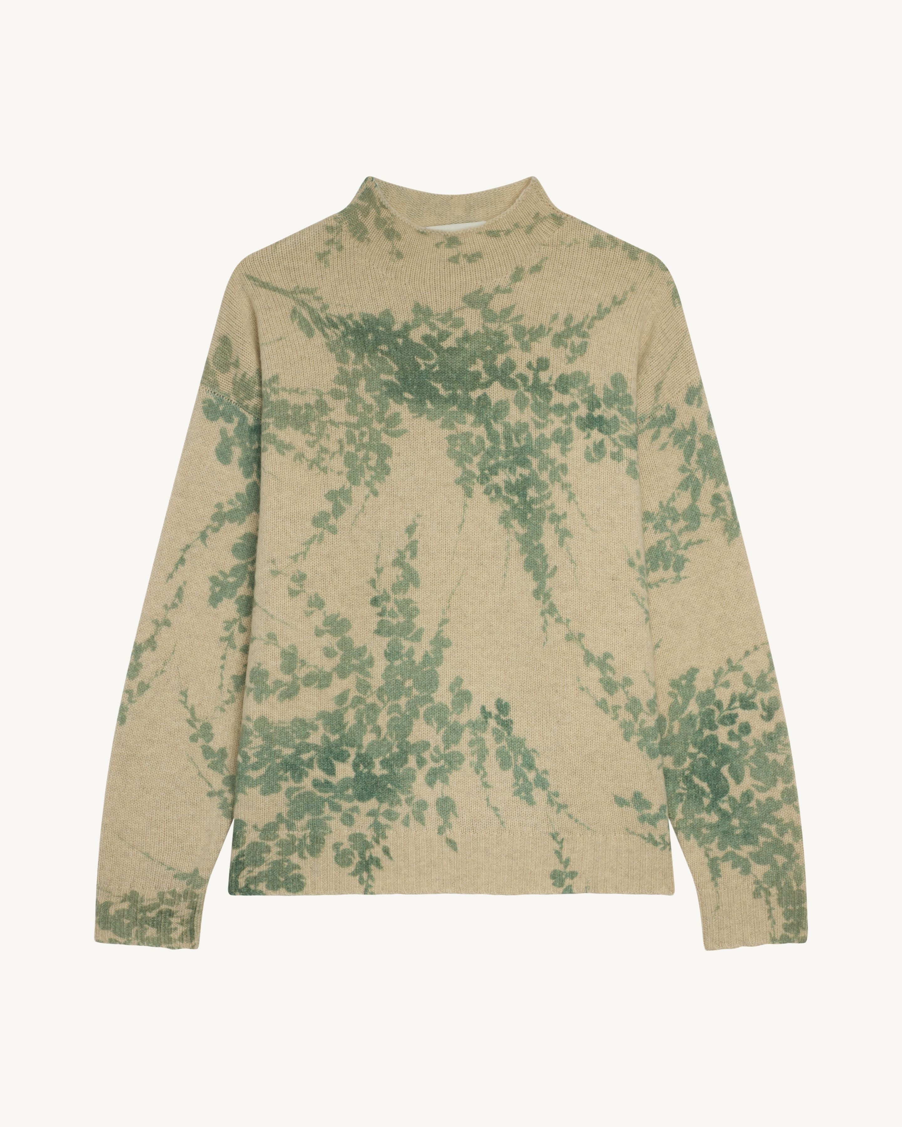 Pull col montant imprimé-AVOINE/VERT DE GRIS-100% cachemire