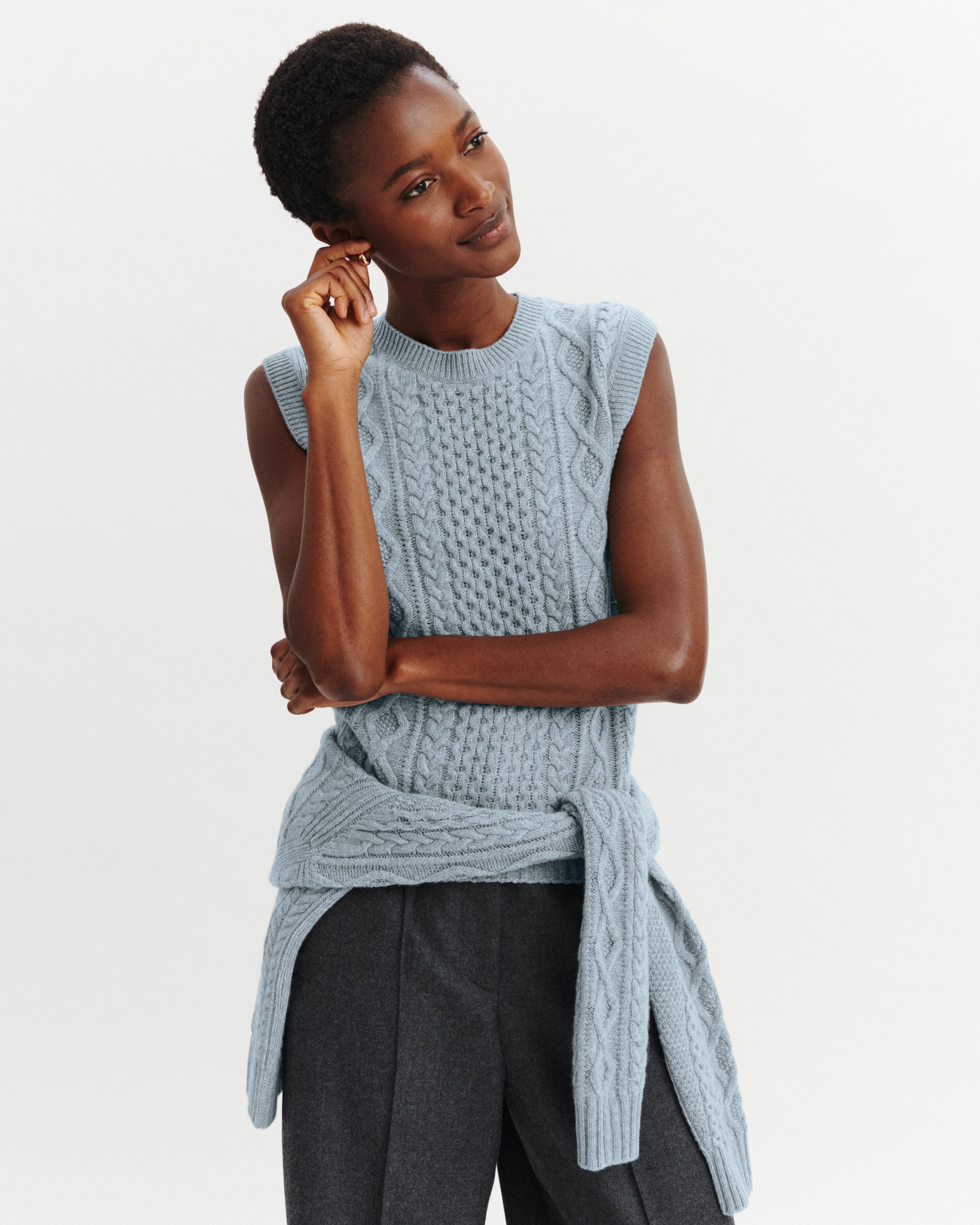 Pull sans manches à torsades-BLEU GLACIER/GRIS ARGENTE-100% cachemire