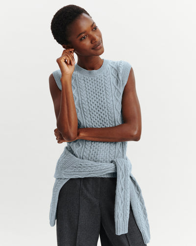 Pull sans manches à torsades-BLEU GLACIER/GRIS ARGENTE-100% cachemire