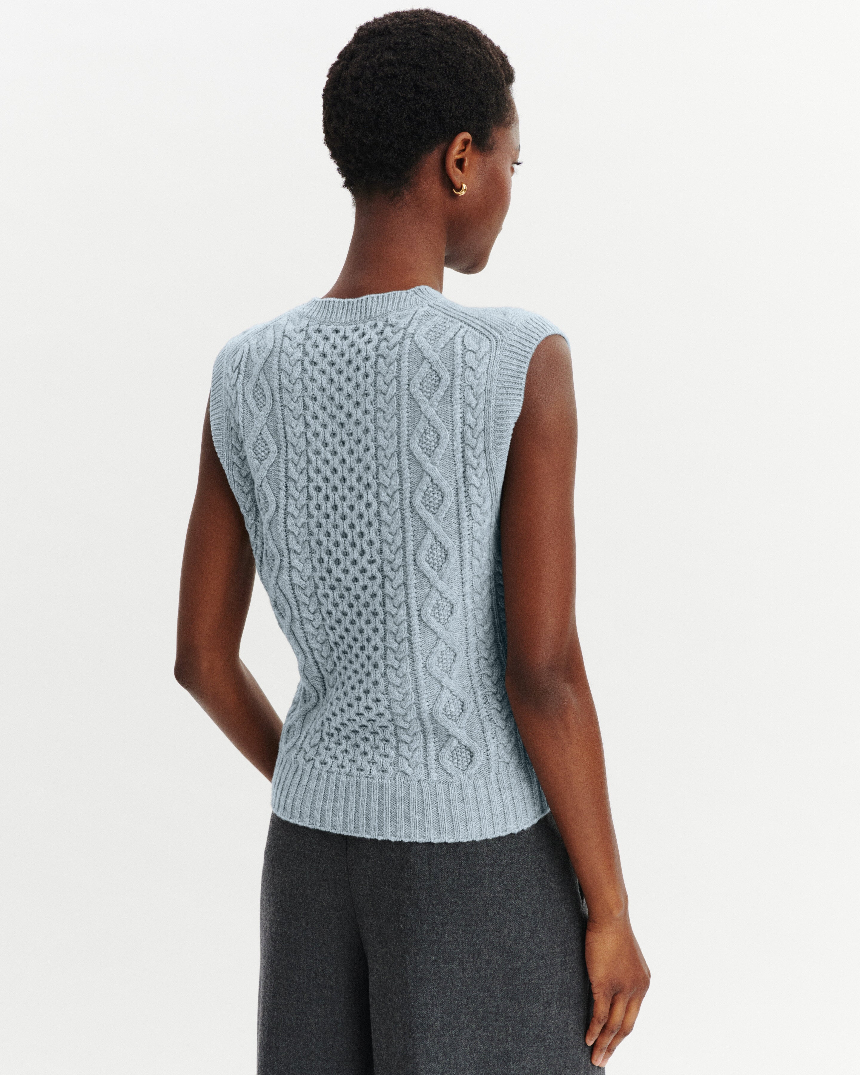 Pull sans manches à torsades-BLEU GLACIER/GRIS ARGENTE-100% cachemire