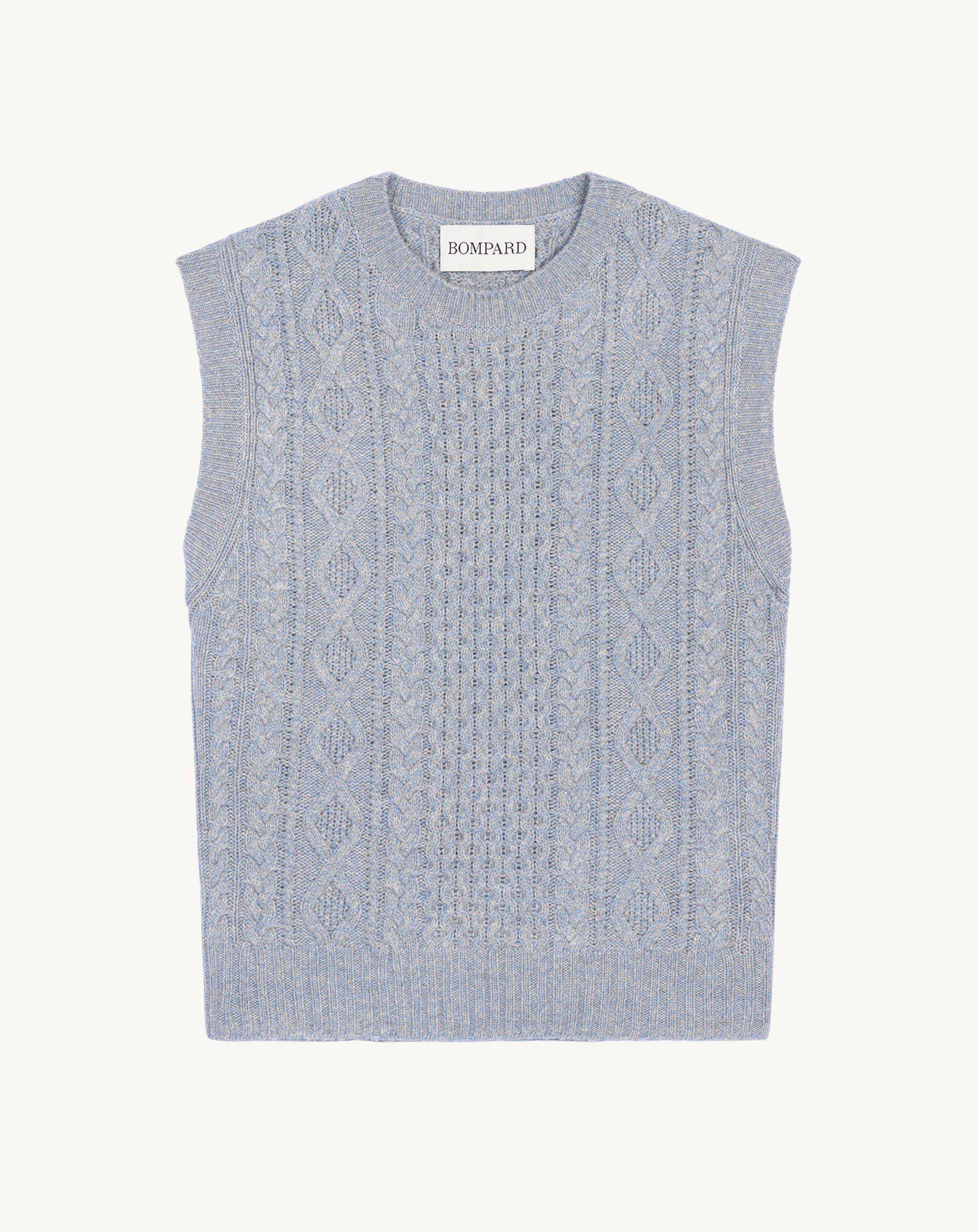 Pull sans manches à torsades-BLEU GLACIER/GRIS ARGENTE-100% cachemire