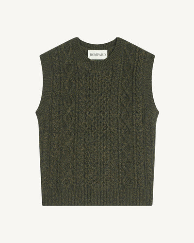 Pull sans manches à torsades-OLIVE/CHARBON-100% cachemire
