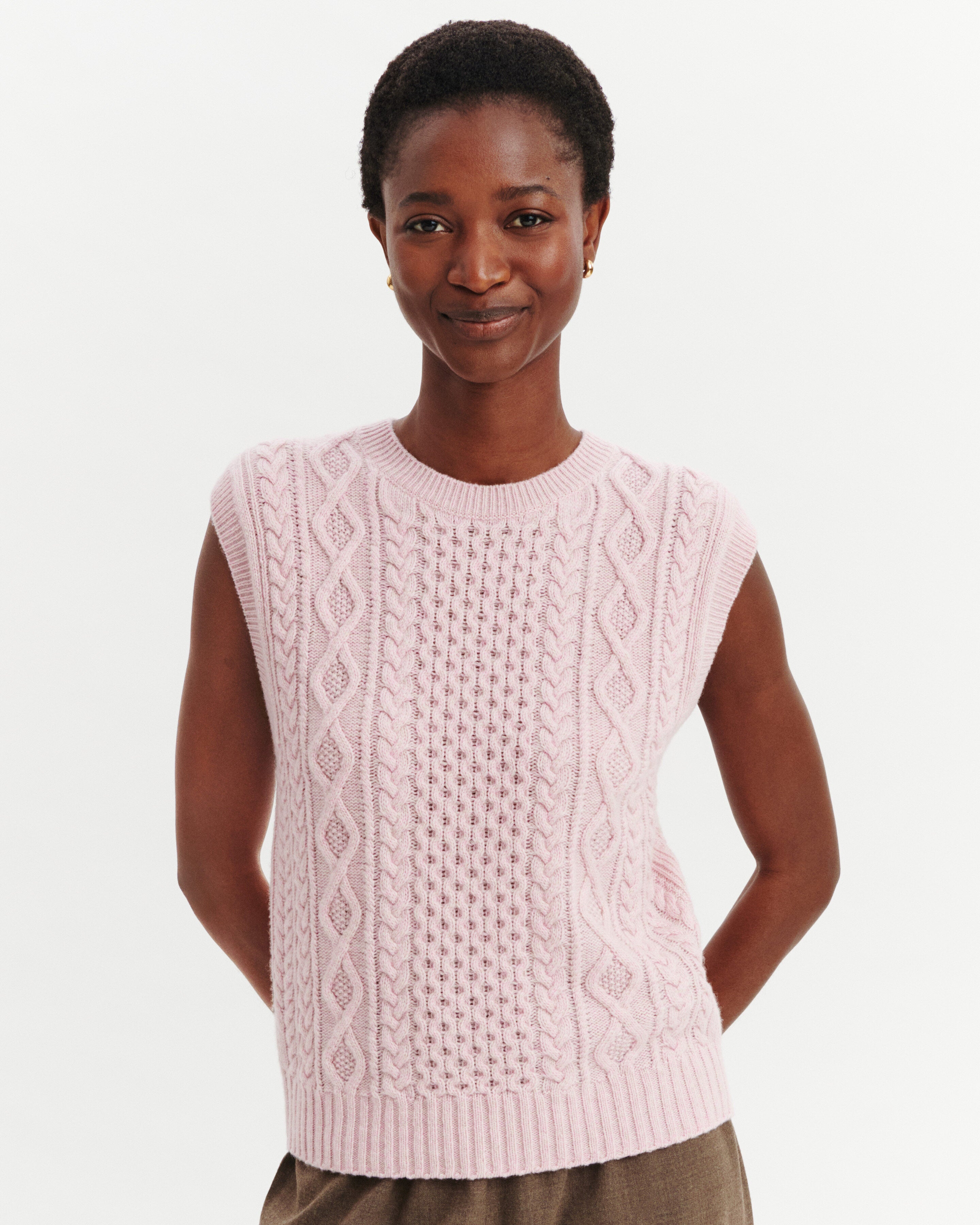 Pull sans manches à torsades-ROSE VIF/TOURTERELLE-100% cachemire