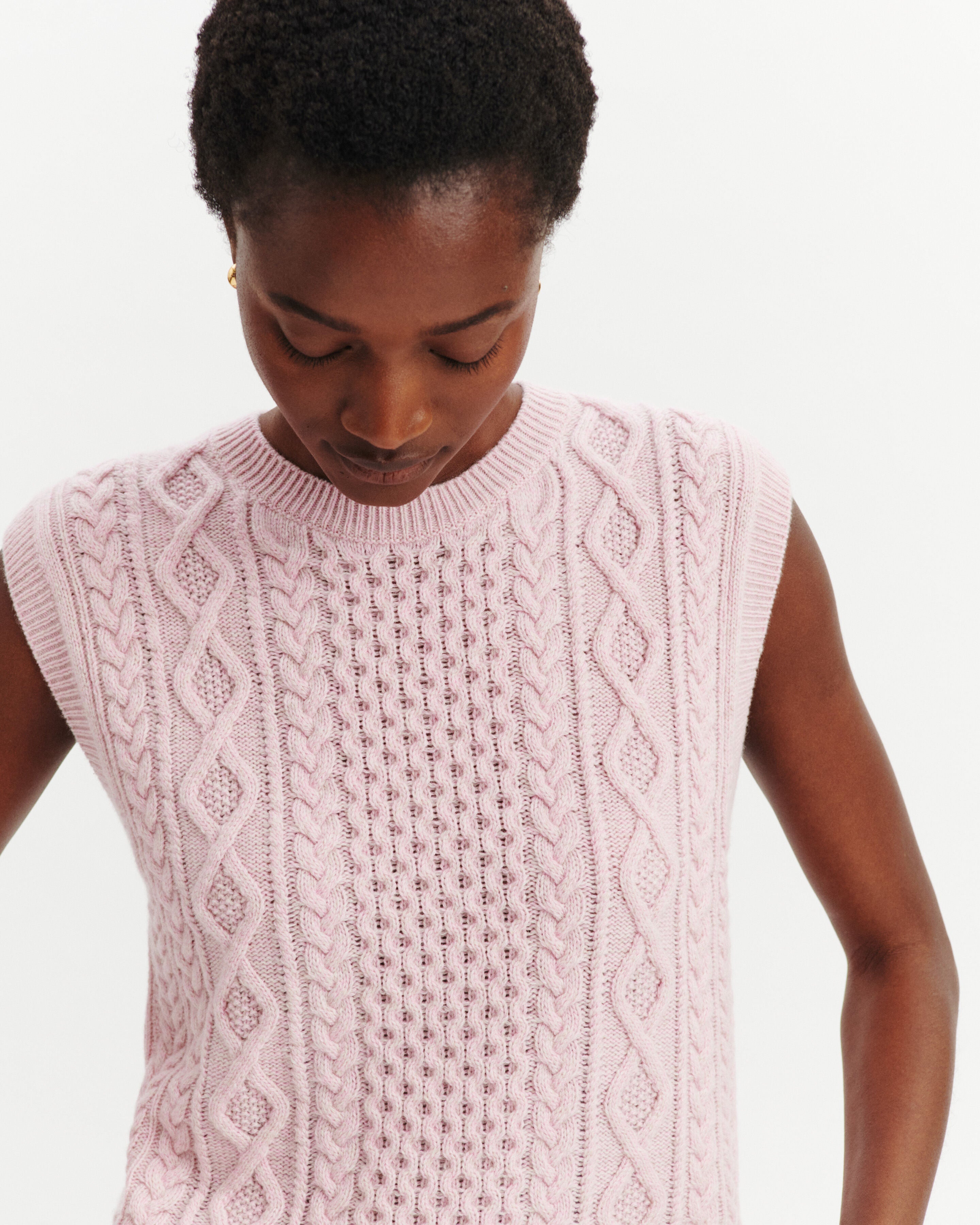 Pull sans manches à torsades-ROSE VIF/TOURTERELLE-100% cachemire