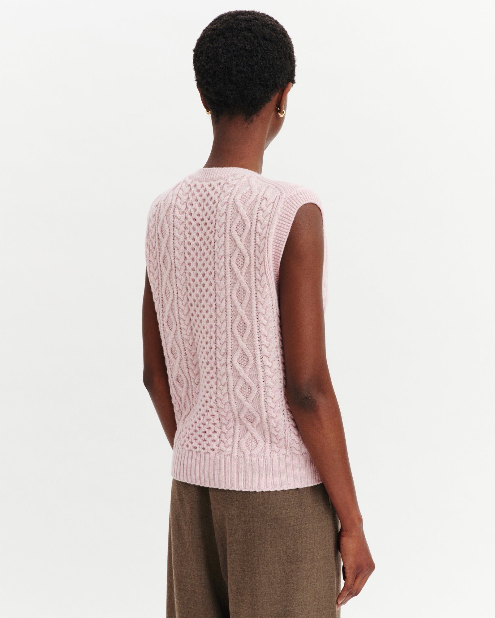 Pull sans manches à torsades-ROSE VIF/TOURTERELLE-100% cachemire