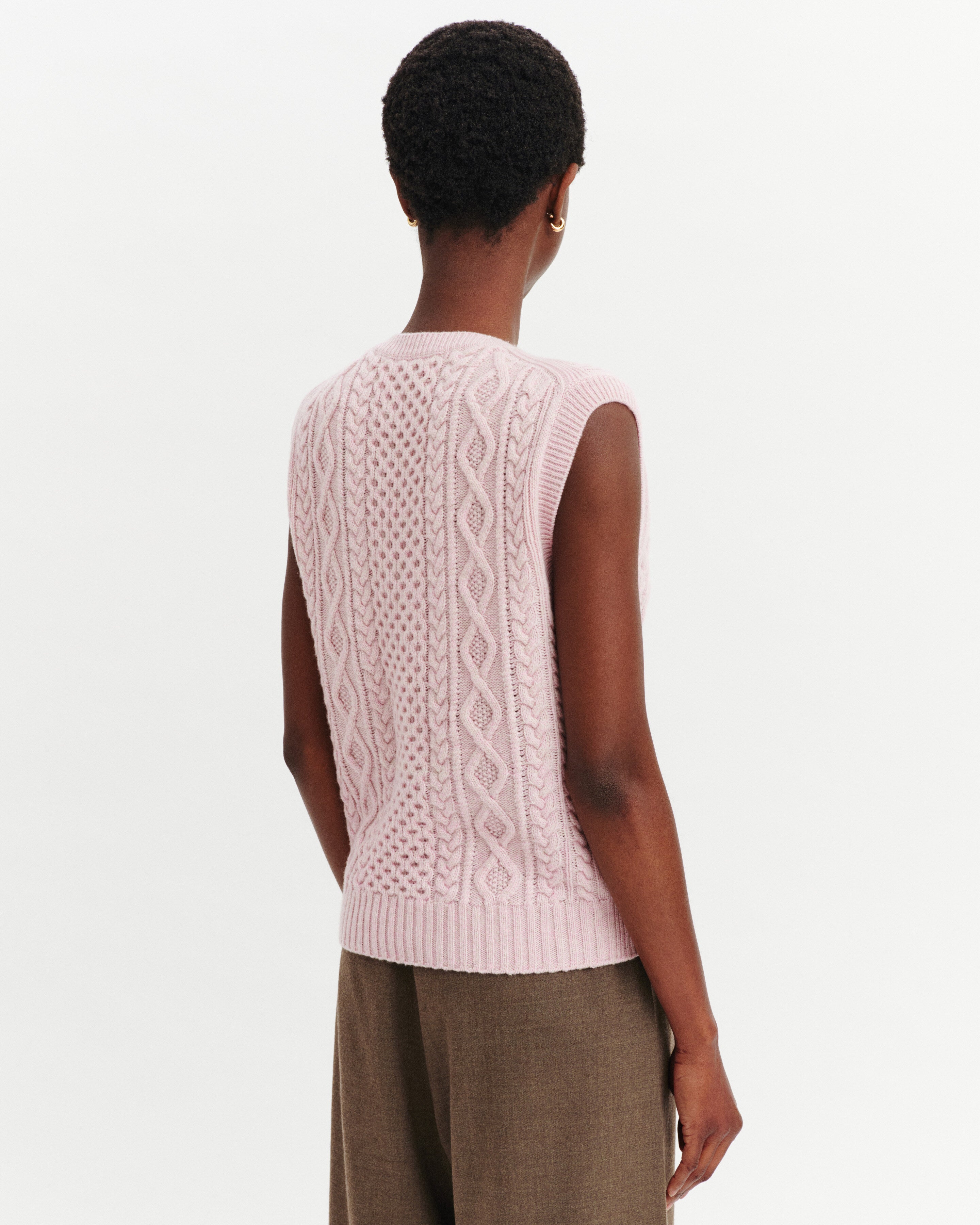 Pull sans manches à torsades-ROSE VIF/TOURTERELLE-100% cachemire