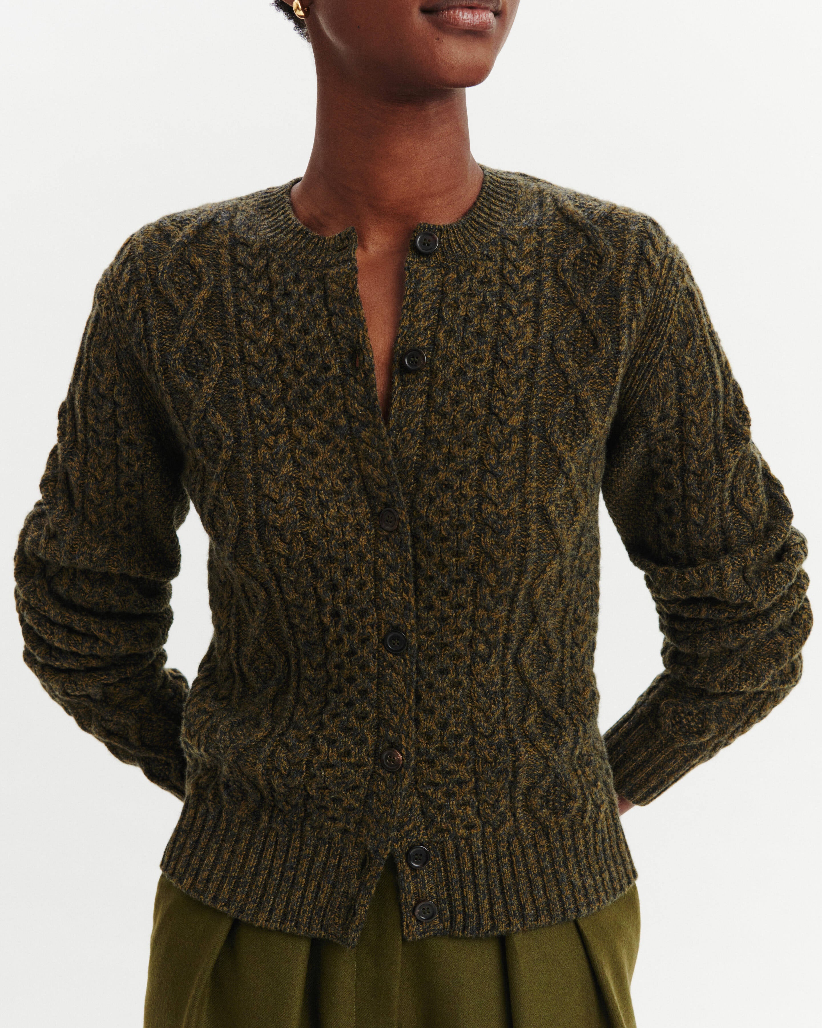Cardigan à torsades-OLIVE/CHARBON-100% cachemire