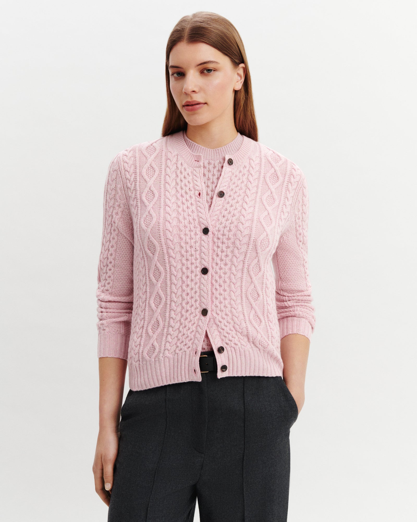 Cardigan à torsades-ROSE VIF/TOURTERELLE-100% cachemire